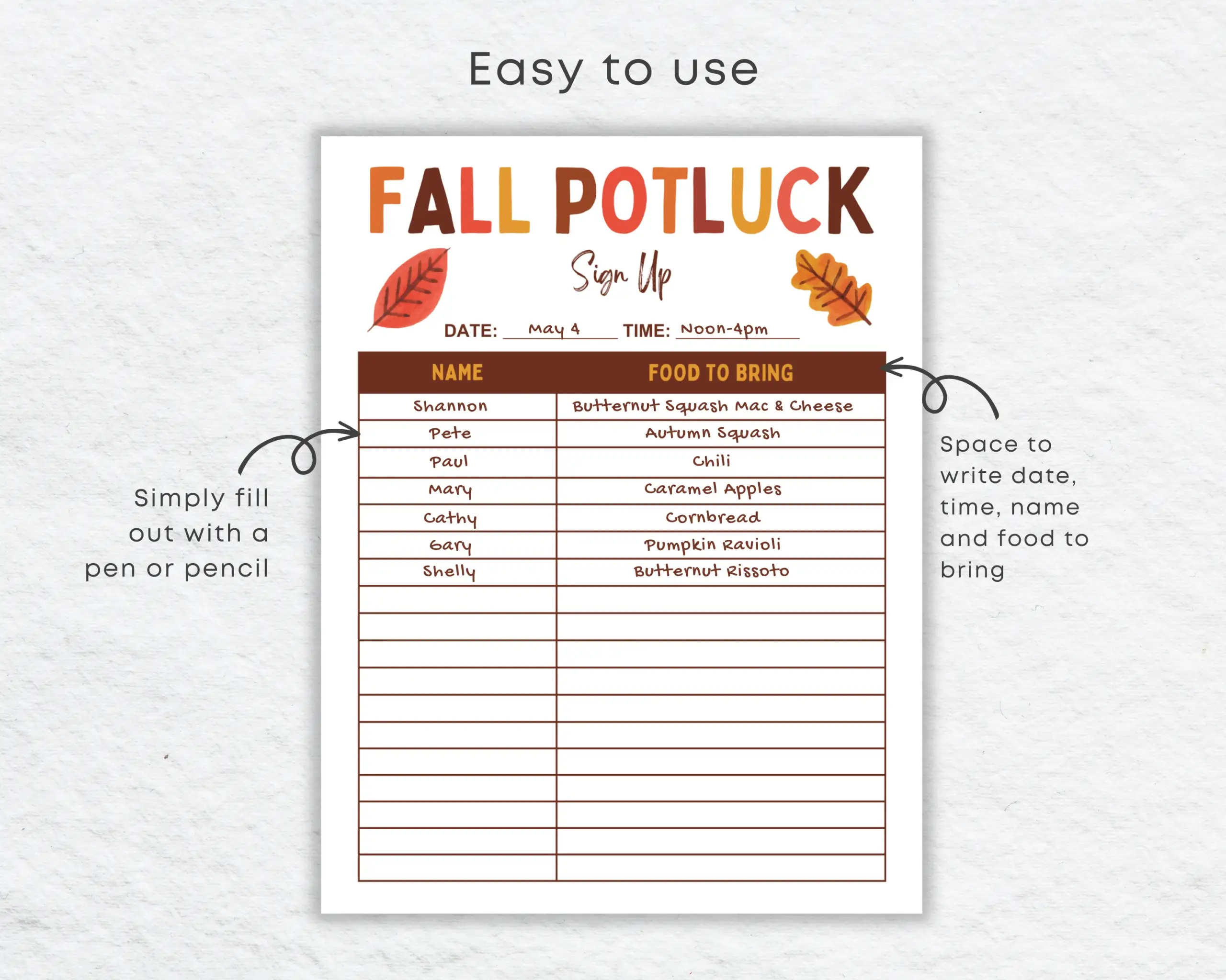 Fall Potluck Sign Up Sheet Printable