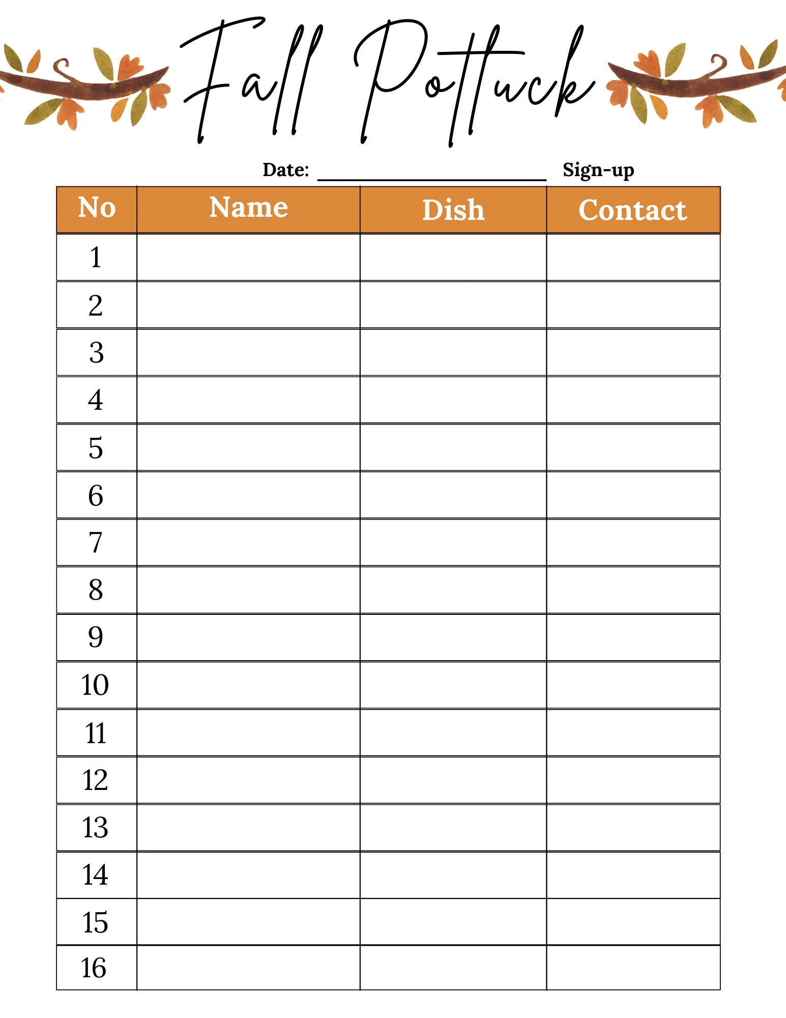 Fall Potluck Sign Up Sheet School Fall Potluck Sign Up Sheet School