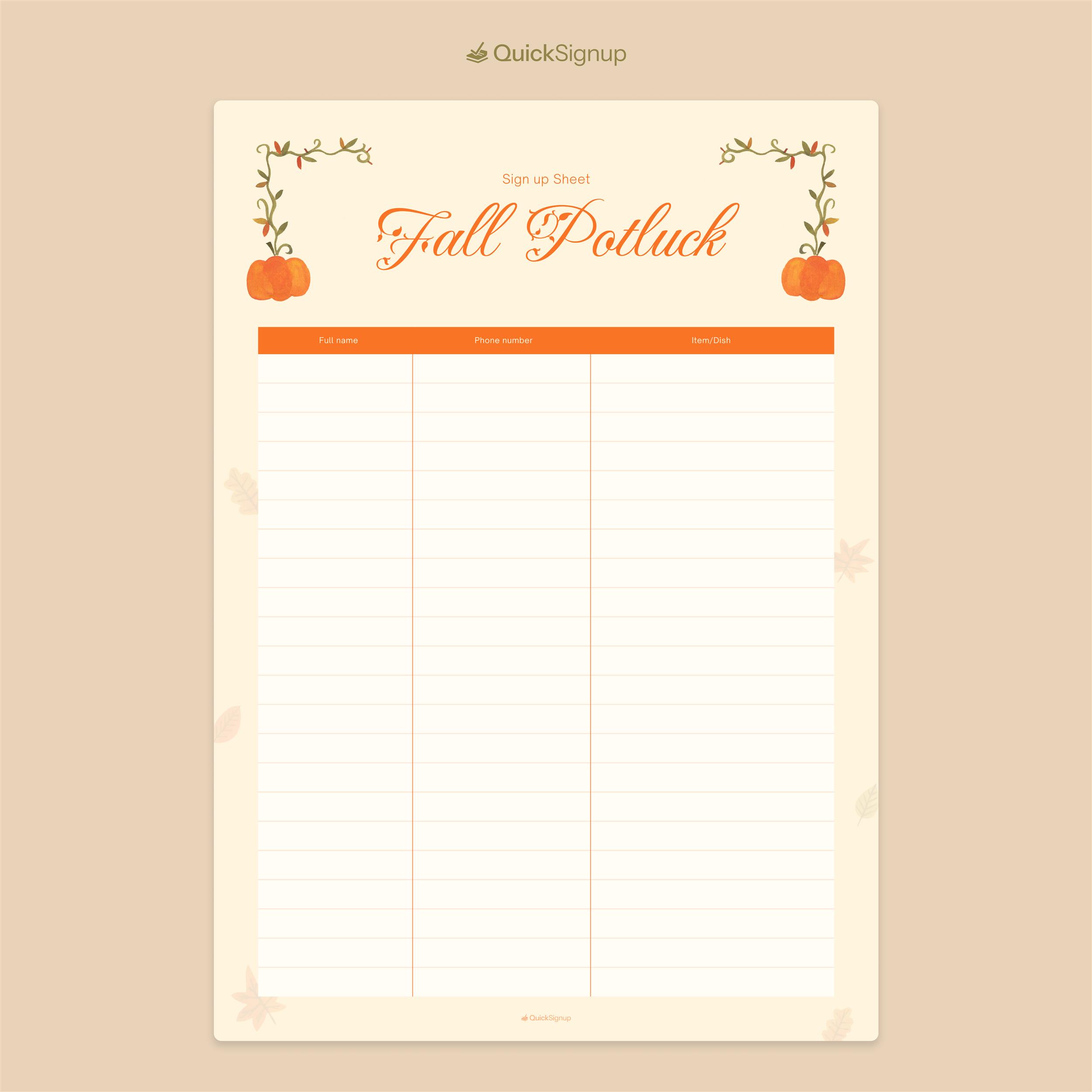 free printable fall potluck sign up sheet template free printable fall potluck sign up sheet template