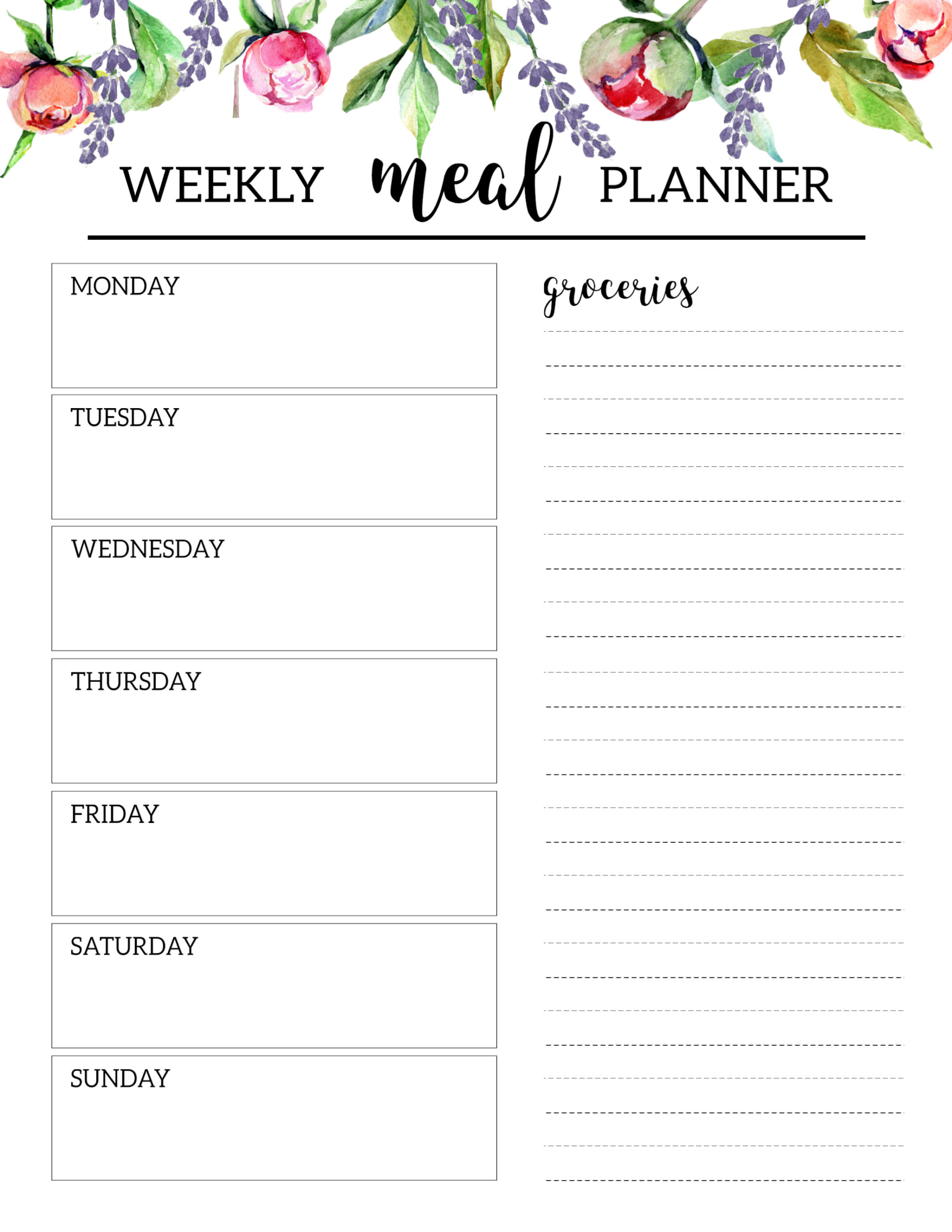 Floral Free Printable Meal Planner Template
