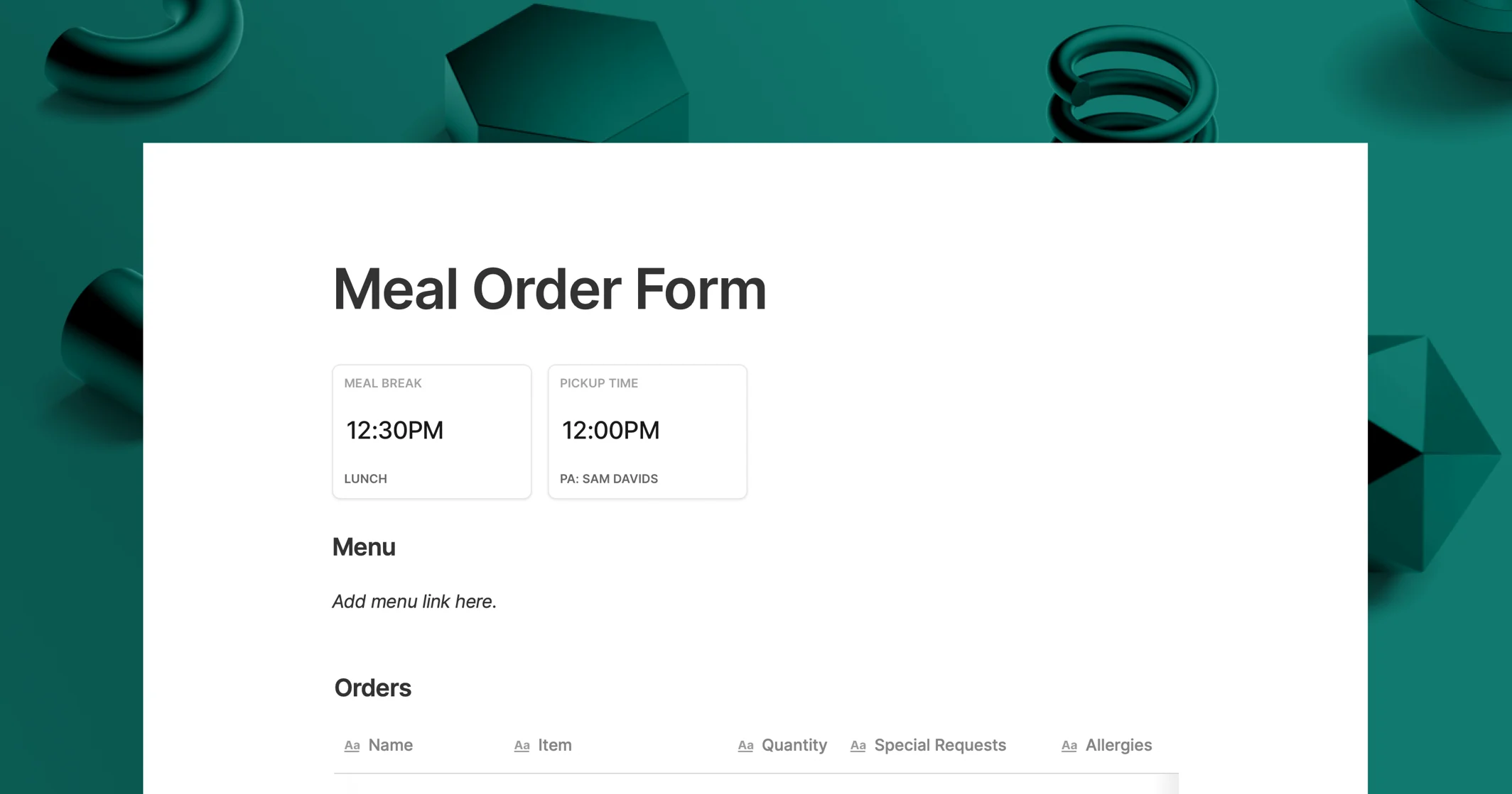 food order form sample template