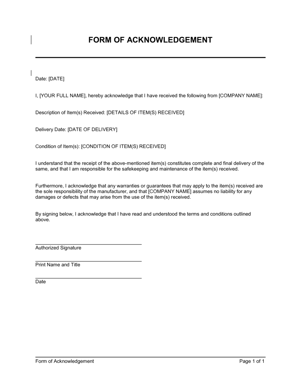 Form Of Acknowledgement D13443 Form Of Acknowledgement D13443