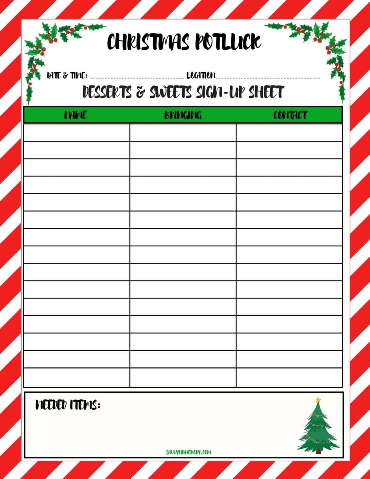 Free Christmas Potluck Sign Up Sheets