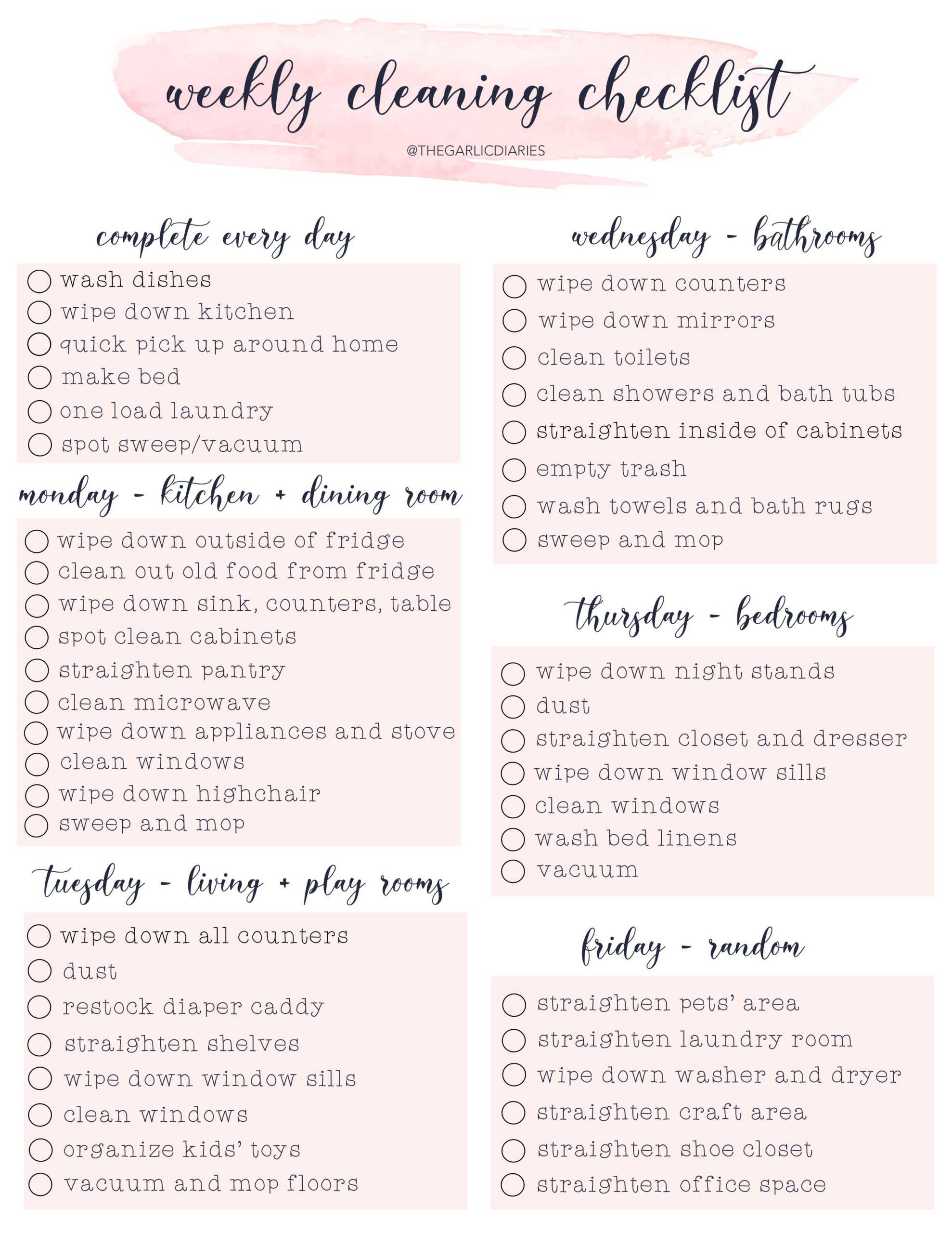 Free Downloadable Weekly Cleaning Checklist Free Downloadable Weekly Cleaning Checklist