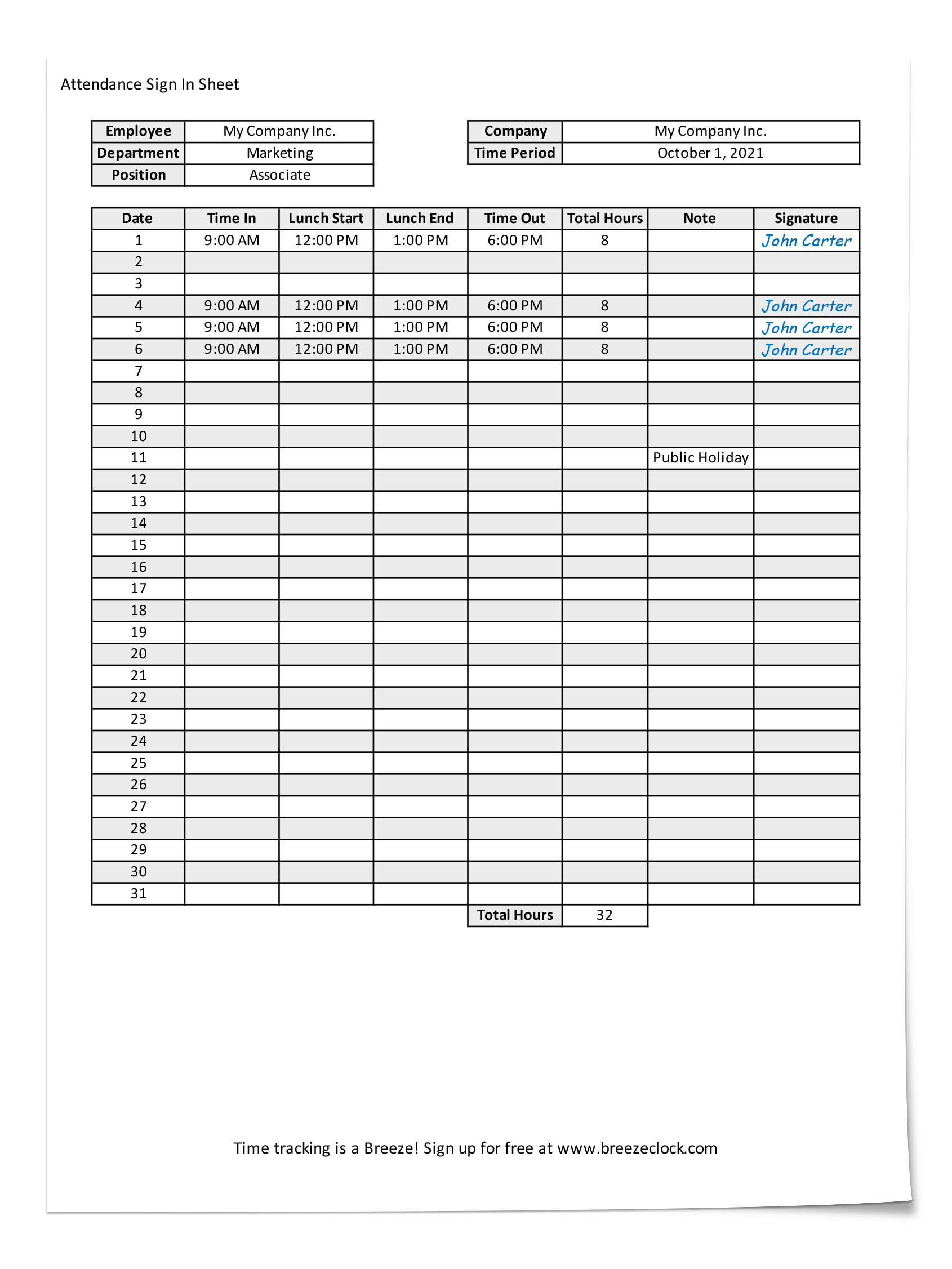 Free Employee Attendance Sheet Template