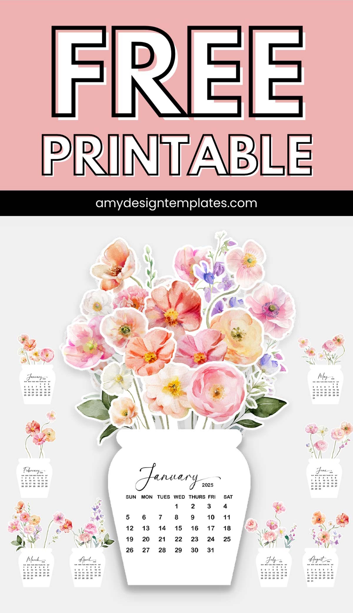 Free Printable Bright Flowers Vase Desk Calendar