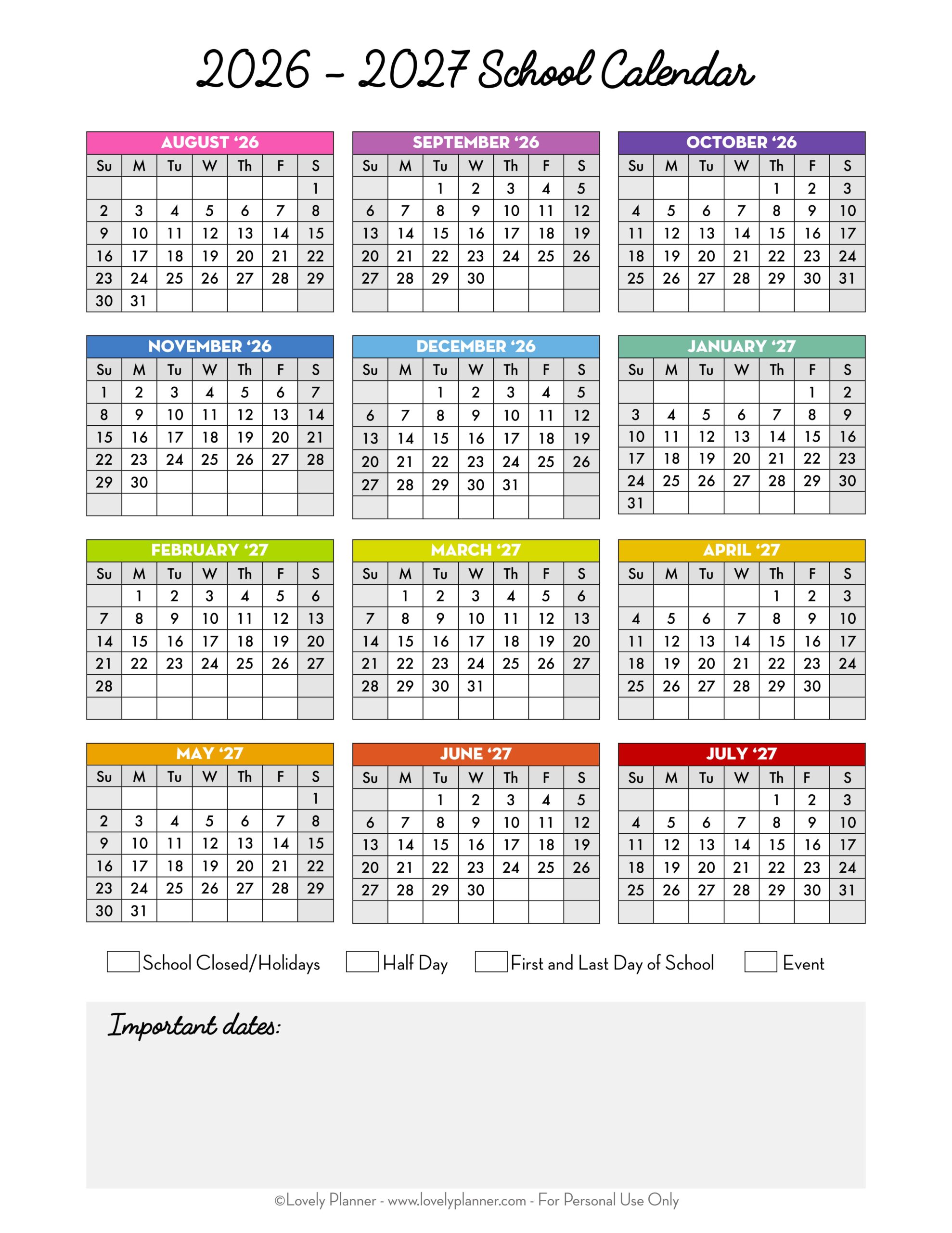 Free Printable School Calendar One Page
