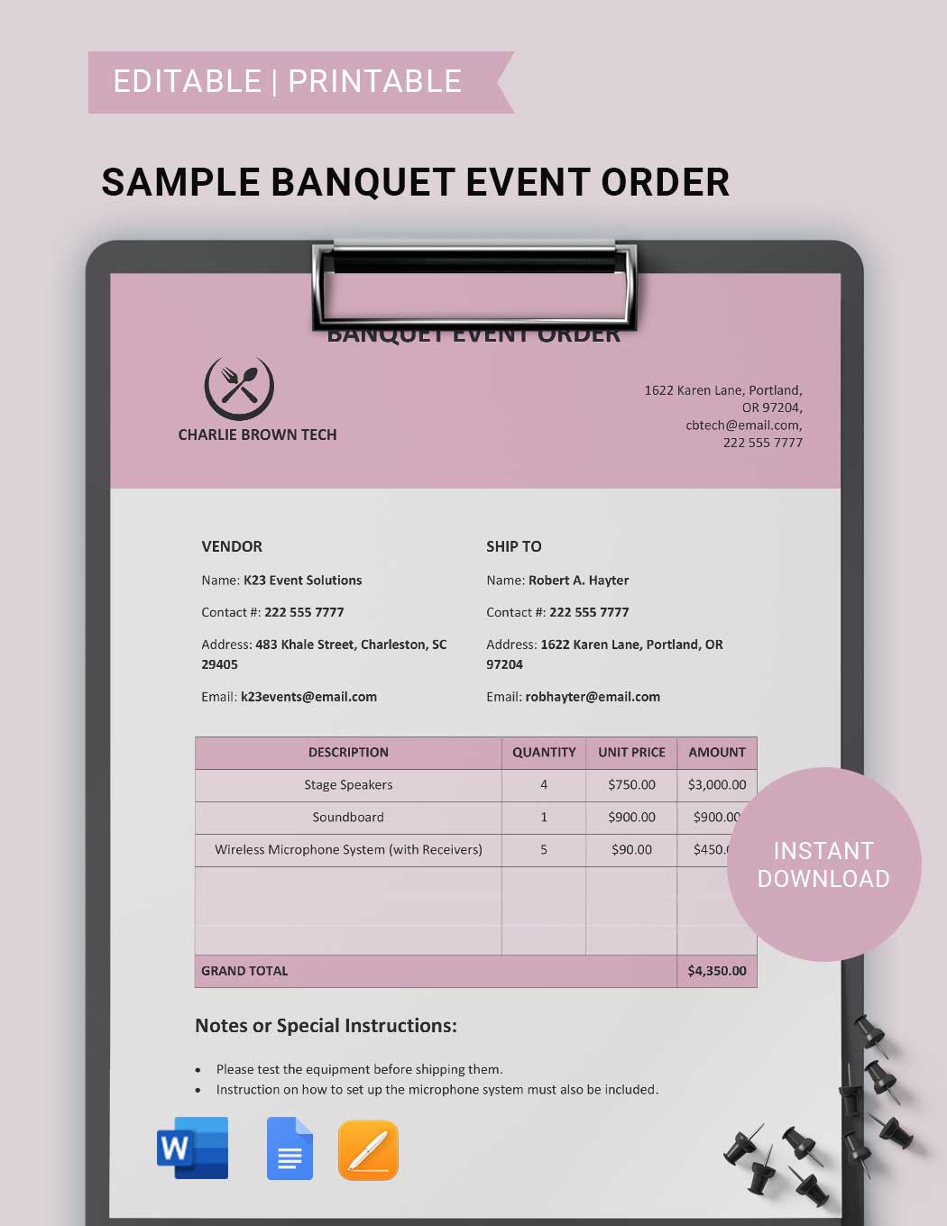 Free Sample Banquet Event Order