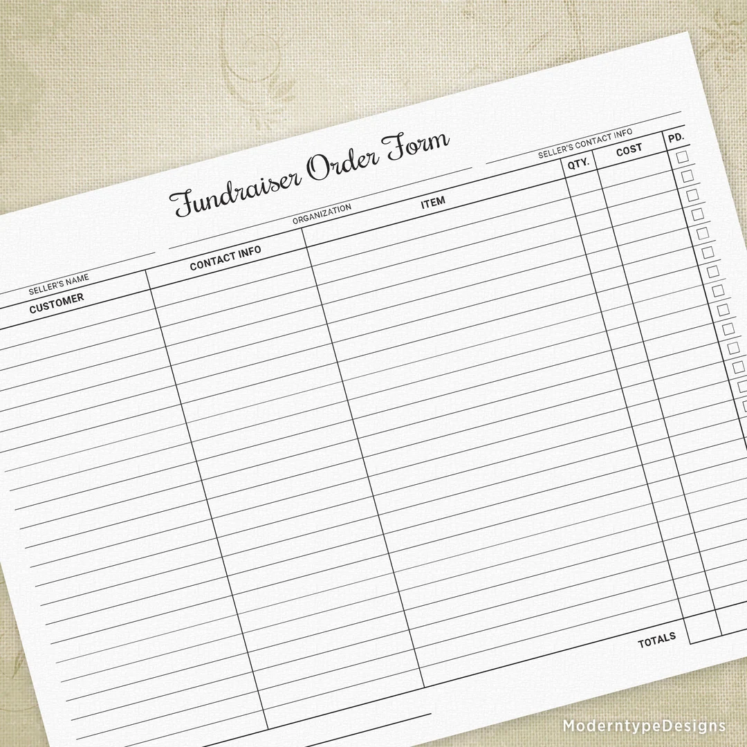 Fundraiser Order Form Printable Charity