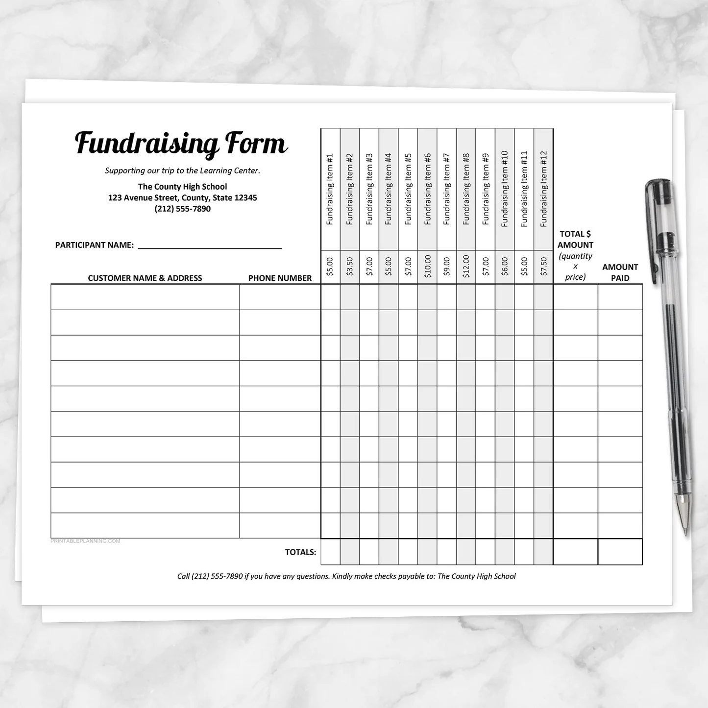 Fundraising Form 12 Item Columns Printable