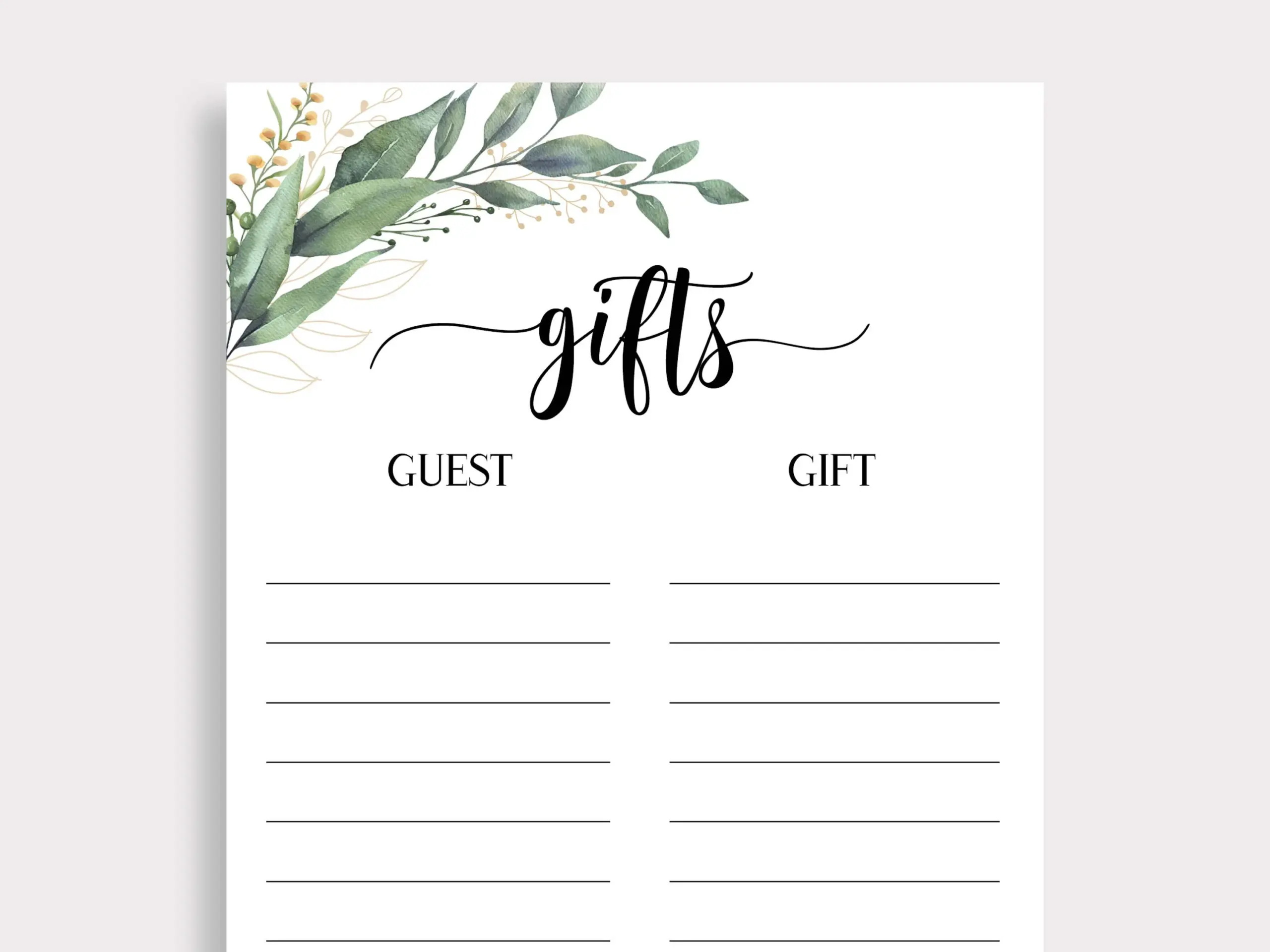 Gift List Printable Bridal Shower Gift