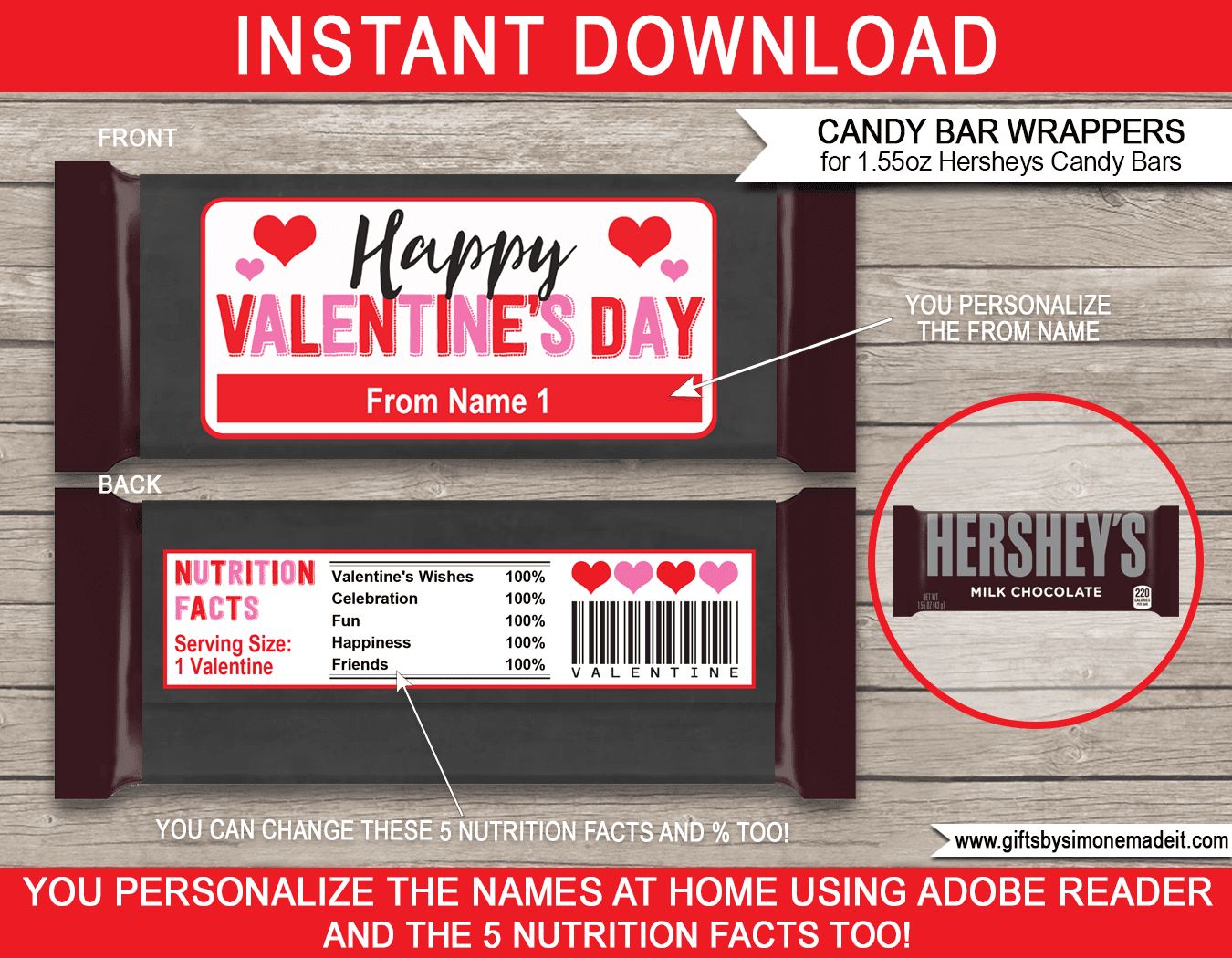 Hersheys Valentine Candy Bar Wrappers
