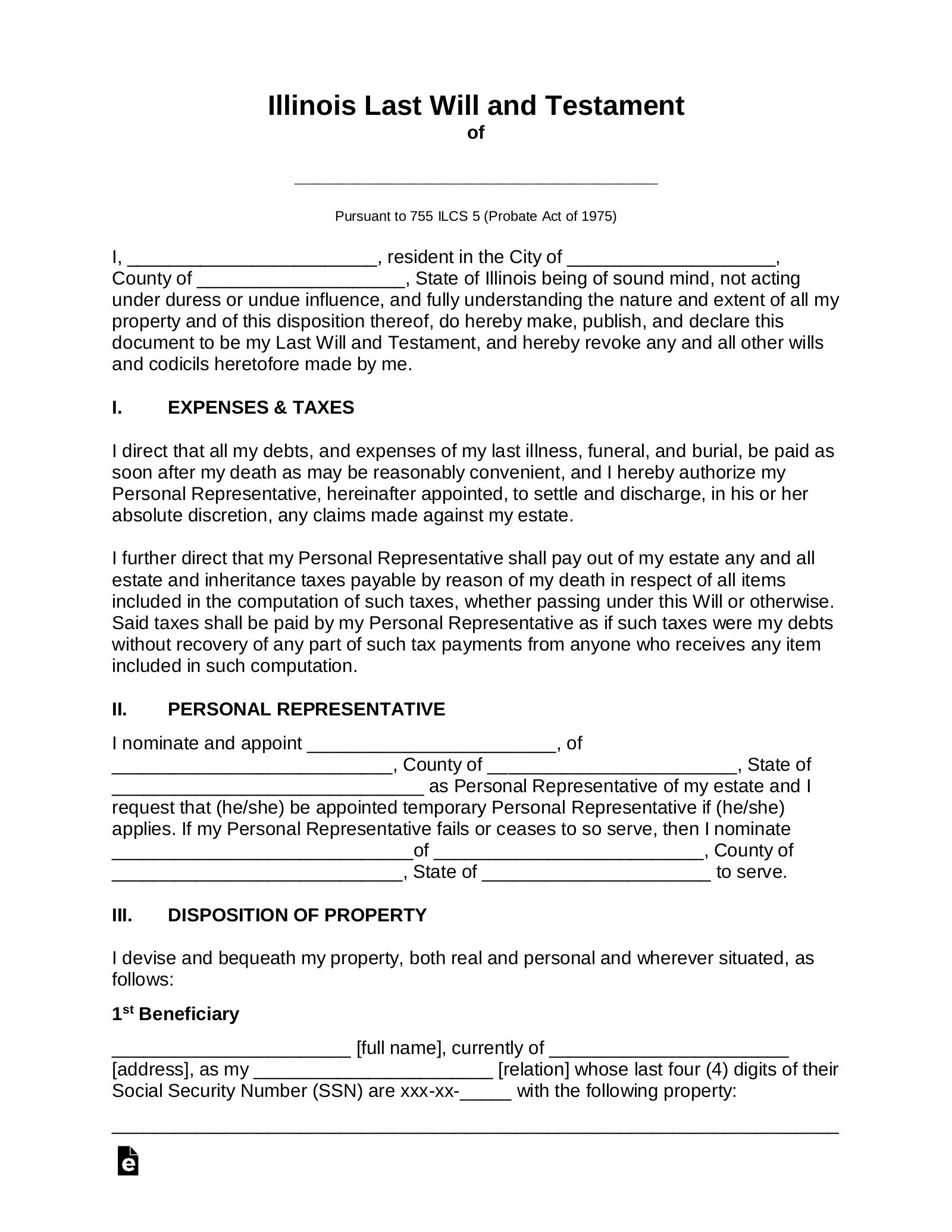 Illinois Last Will And Testament Template