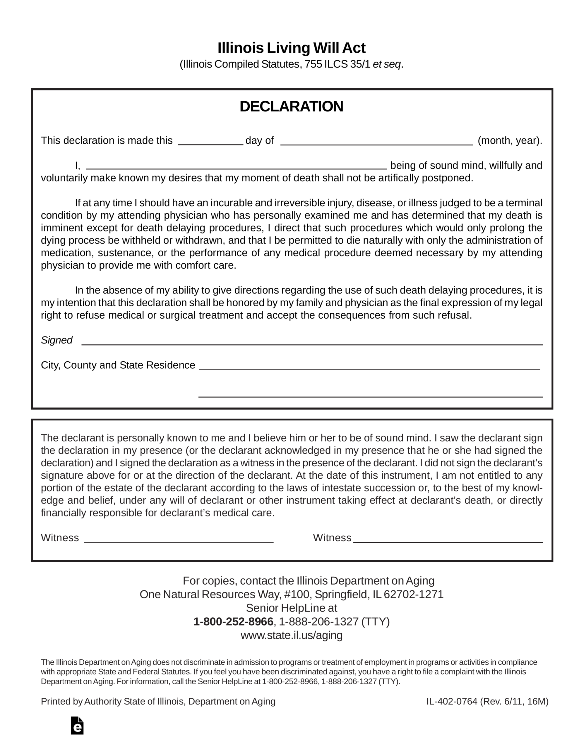 Illinois Living Will Act Declaration Form Illinois Living Will Act Declaration Form