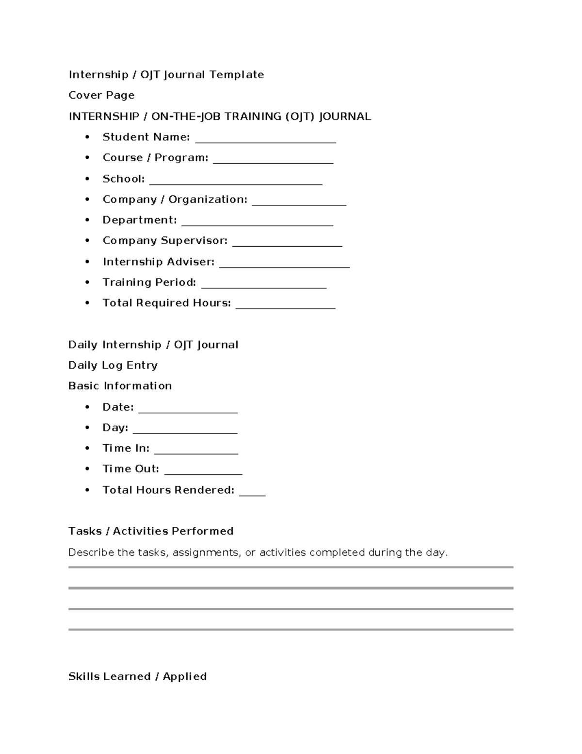 Internship Ojt Journal Template Daily Log Reflection Internship Ojt Journal Template Daily Log Reflection