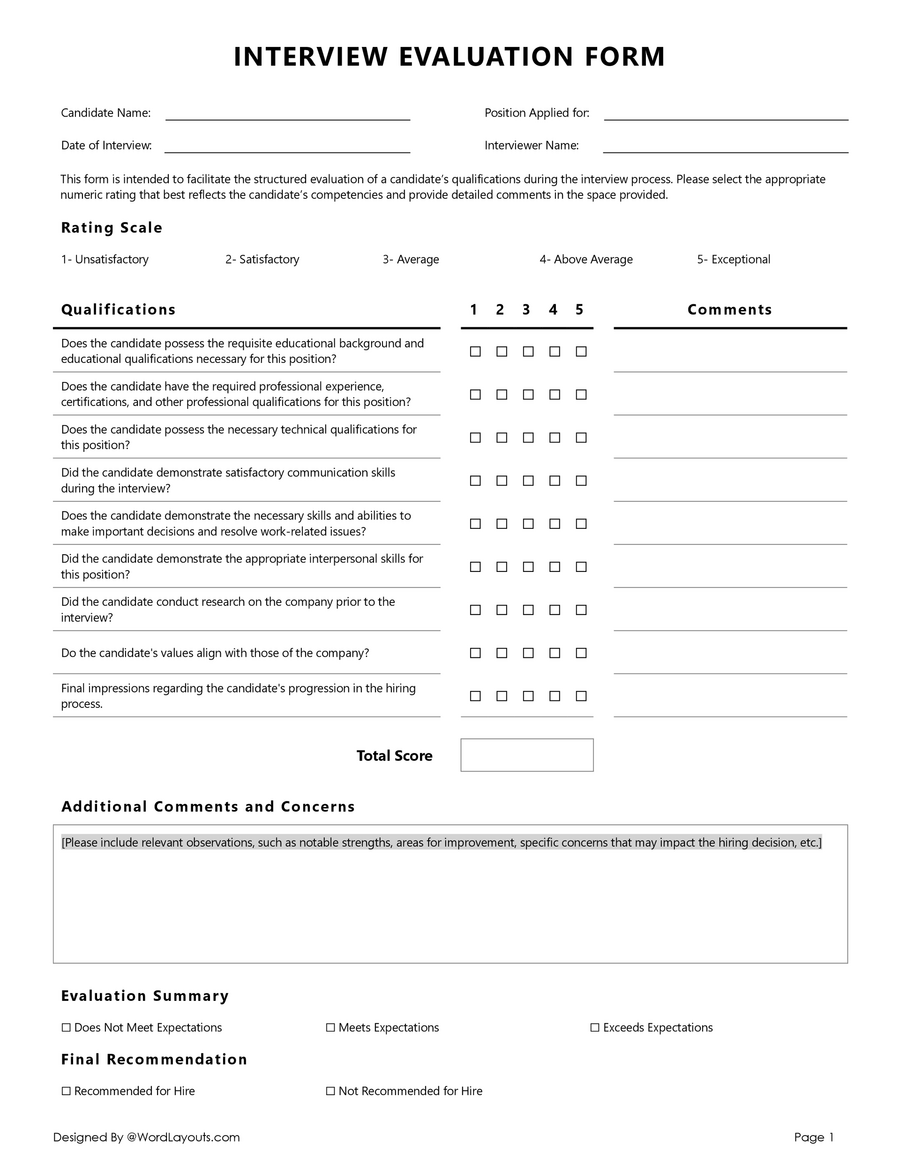 Interview Evaluation Form Template