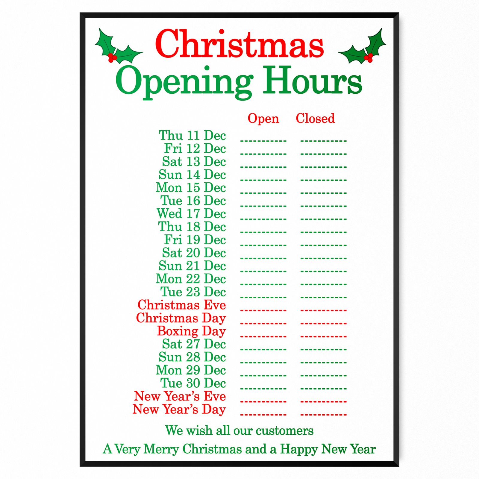 christmas operating hours template christmas operating hours template