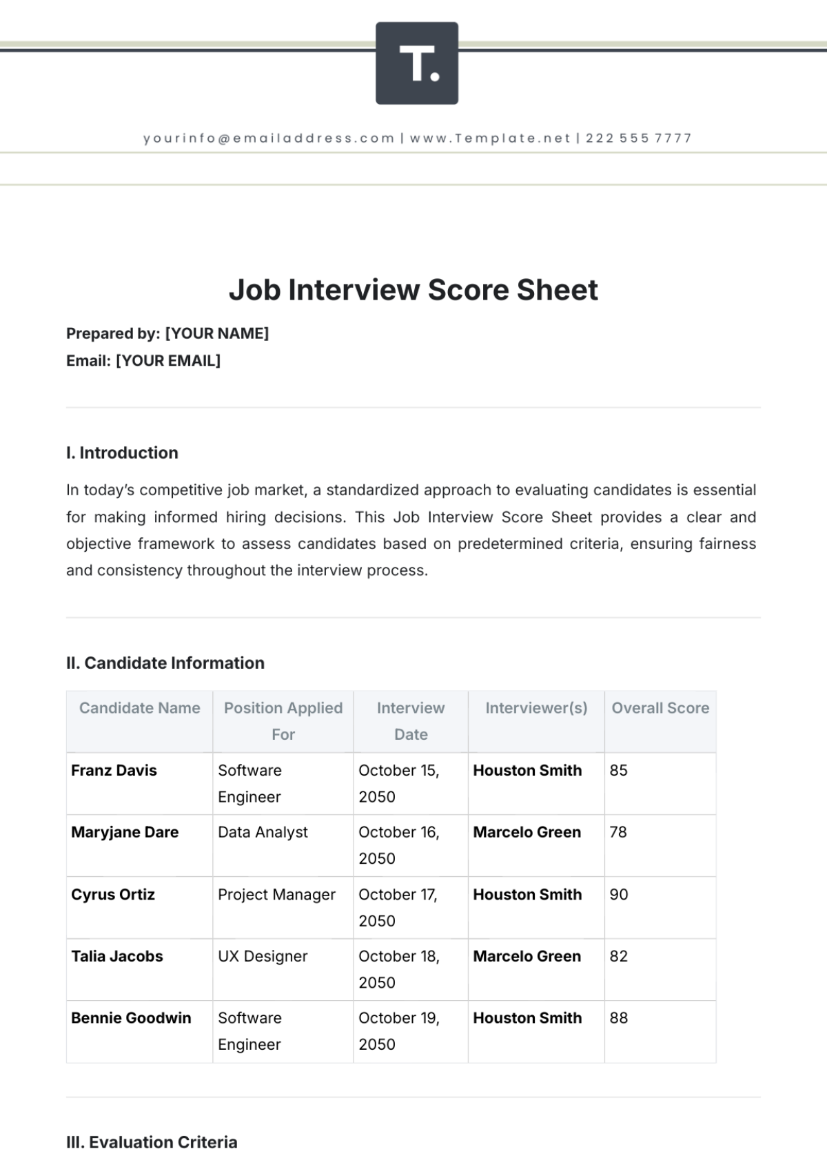 Job Interview Score Sheet Job Interview Score Sheet