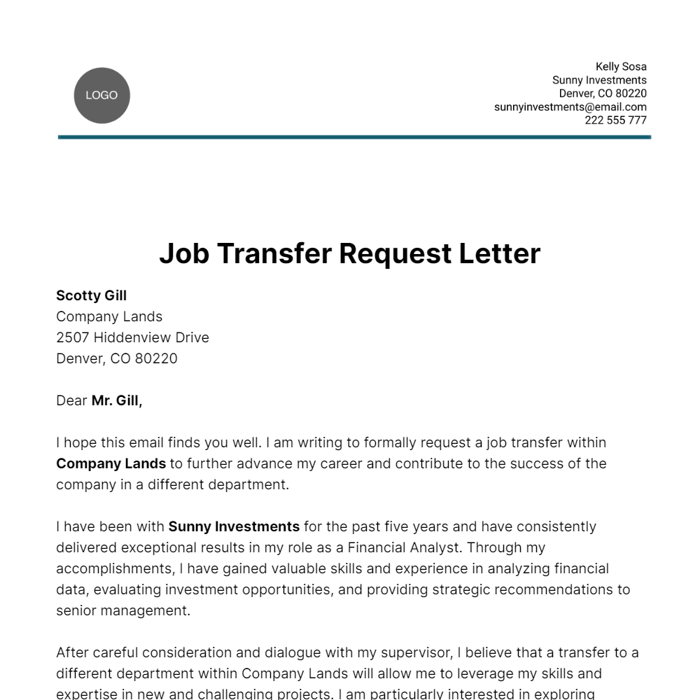 Job Transfer Request Letter Job Transfer Request Letter
