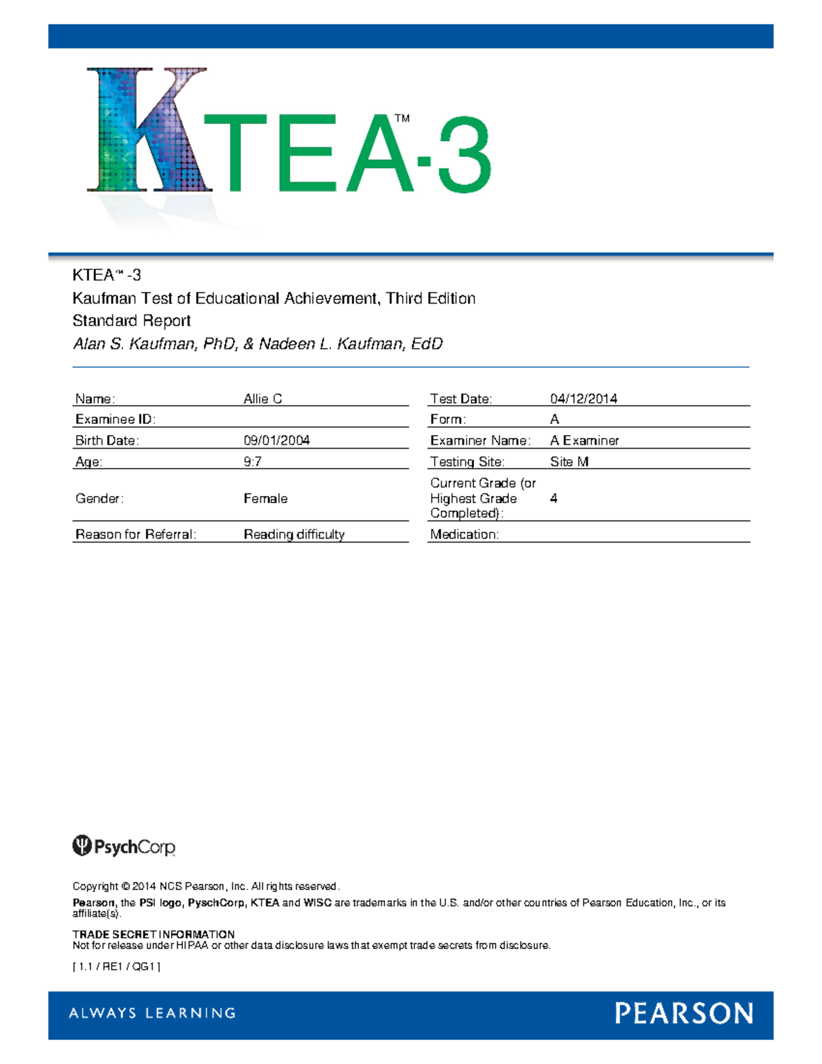 Ktea 3 Score Report Kauffman Test