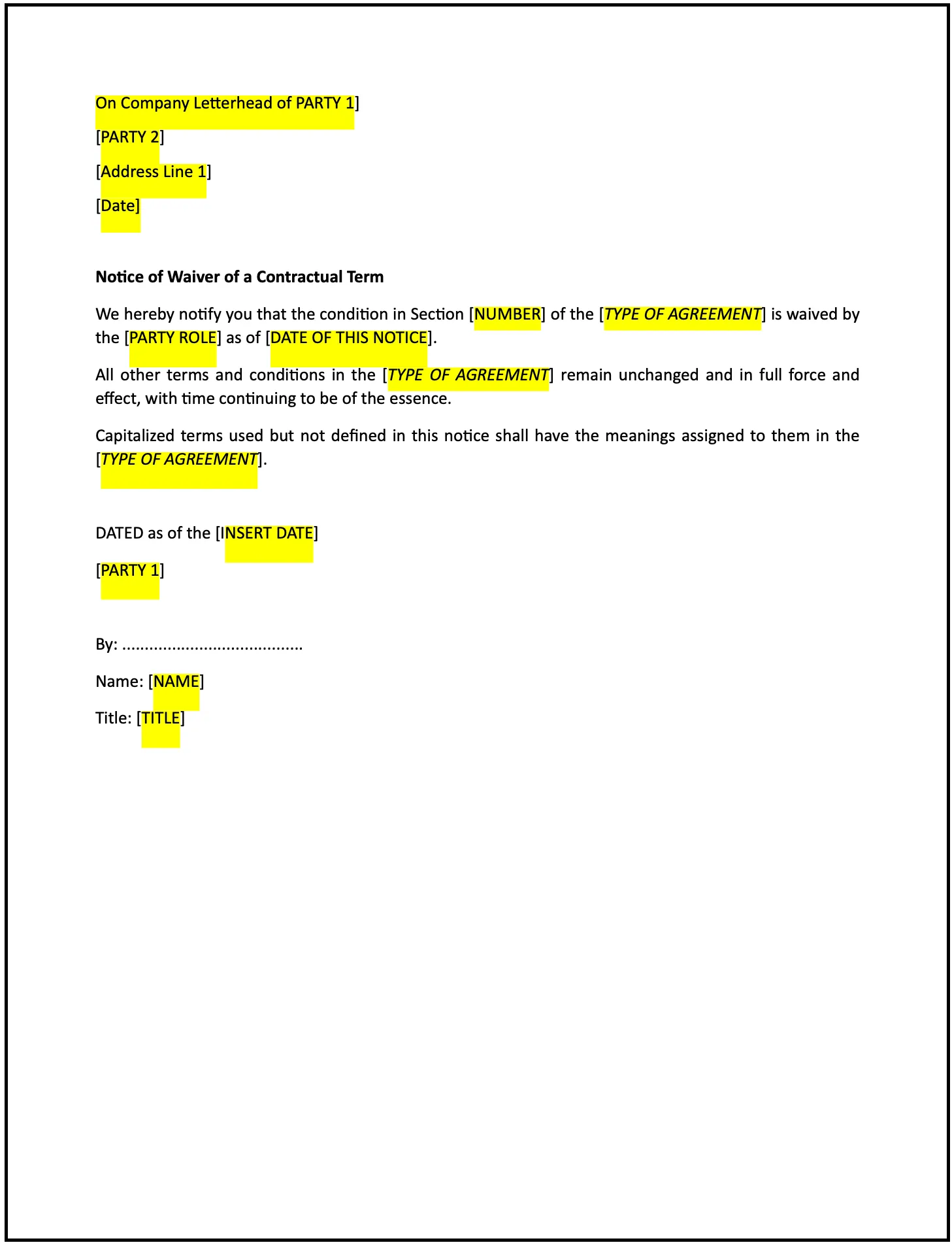 Letter Of Waiver Of A Contractual Term Free Template