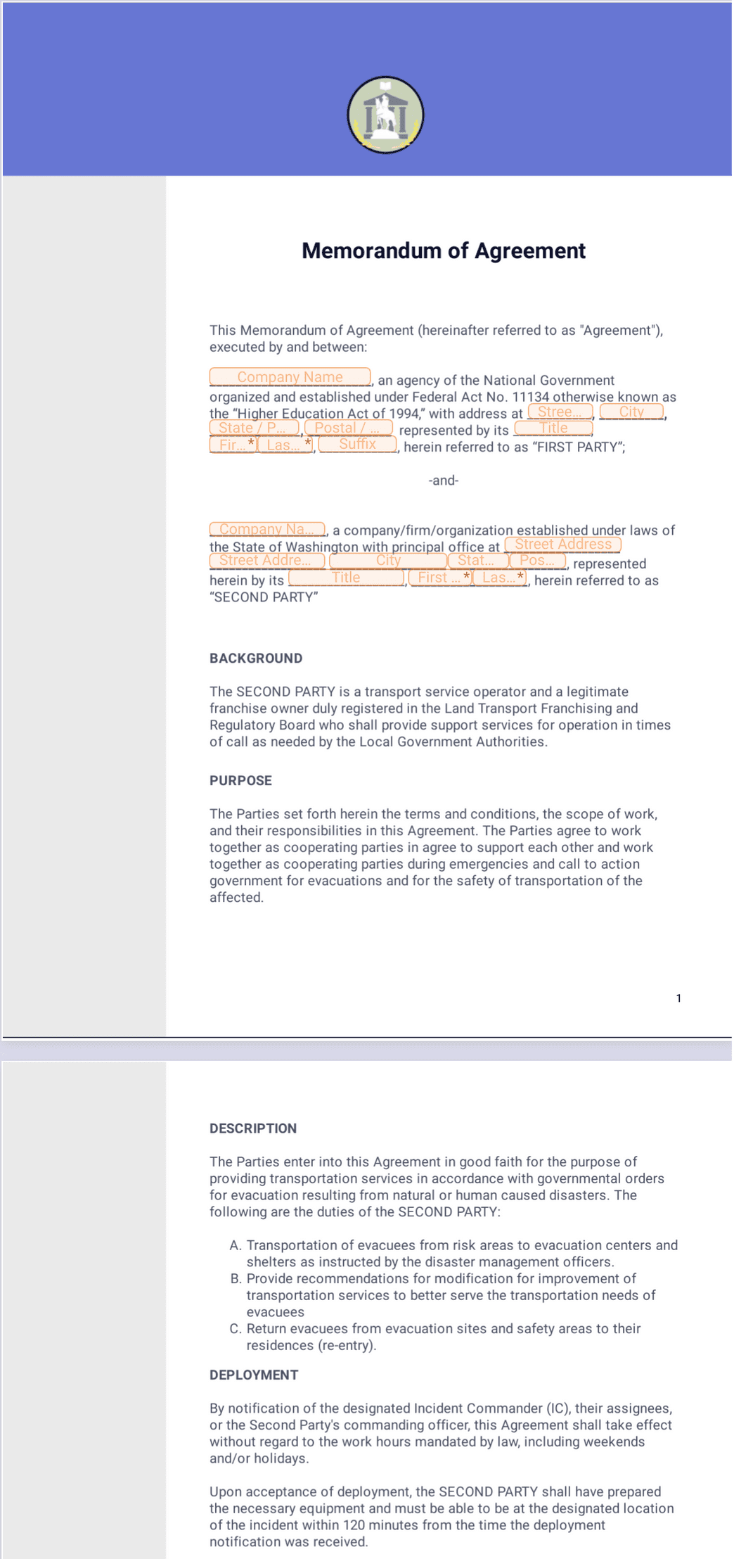 Memorandum Of Agreement Template Memorandum Of Agreement Template