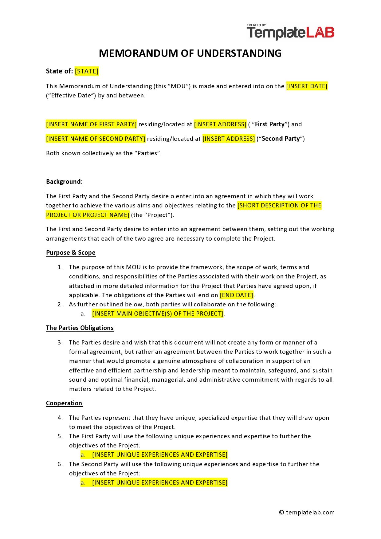 memorandum of understanding template sample