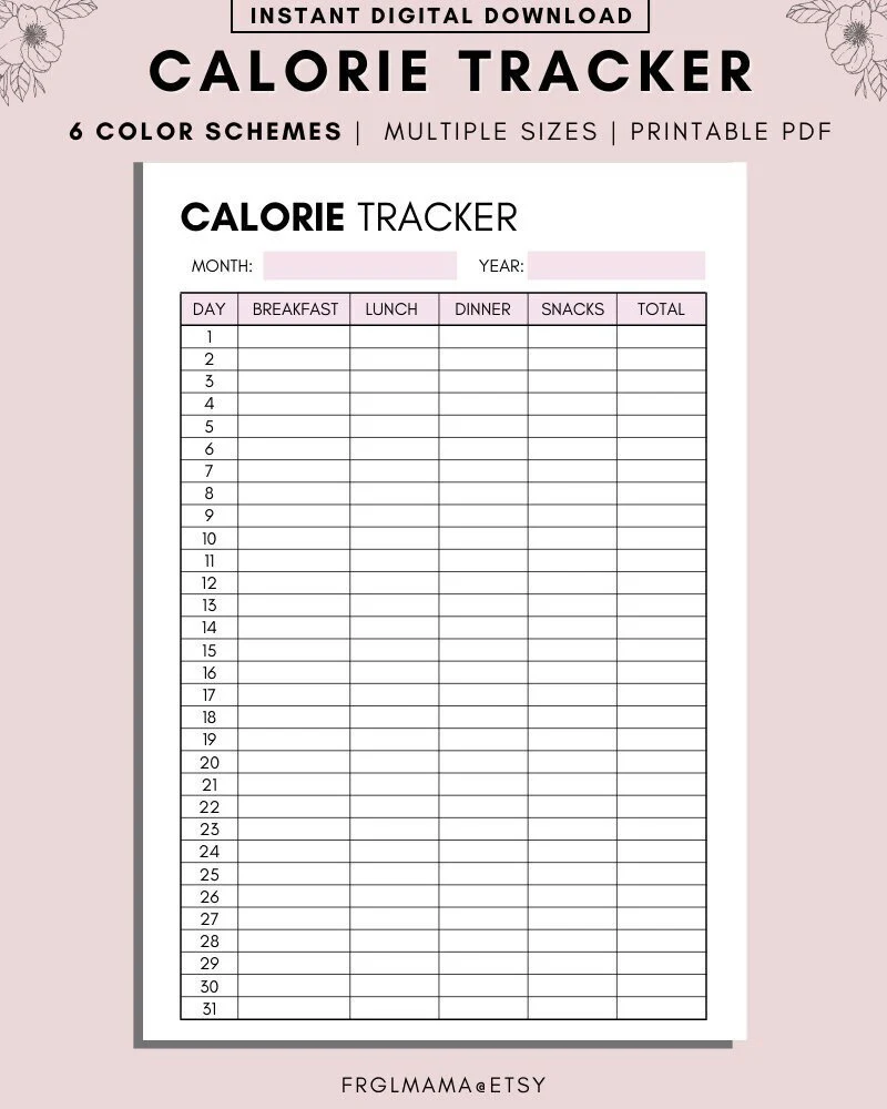 Monthly Calorie Tracker Printable A4 A5