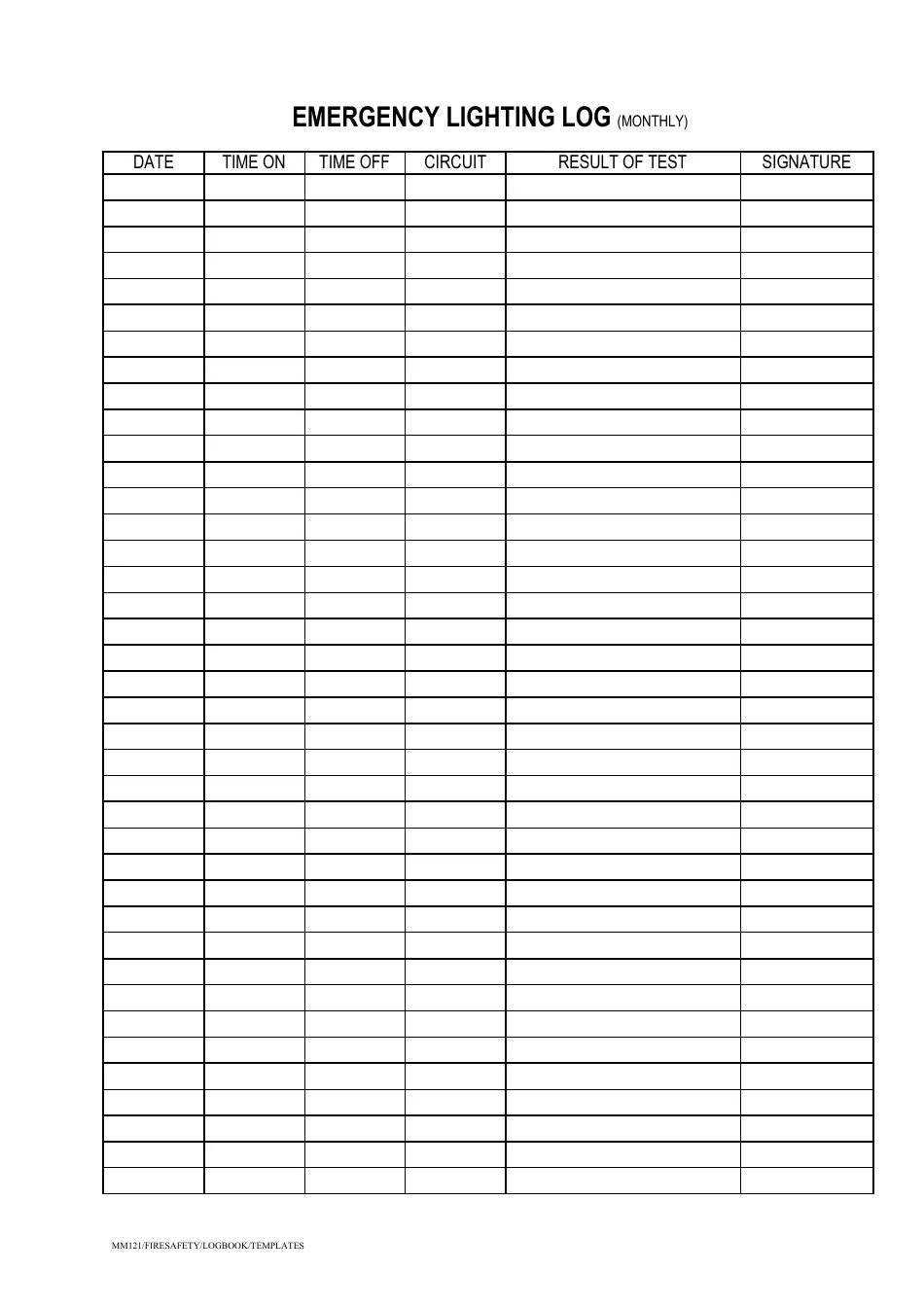 Monthly Emergency Lighting Log Template Monthly Emergency Lighting Log Template