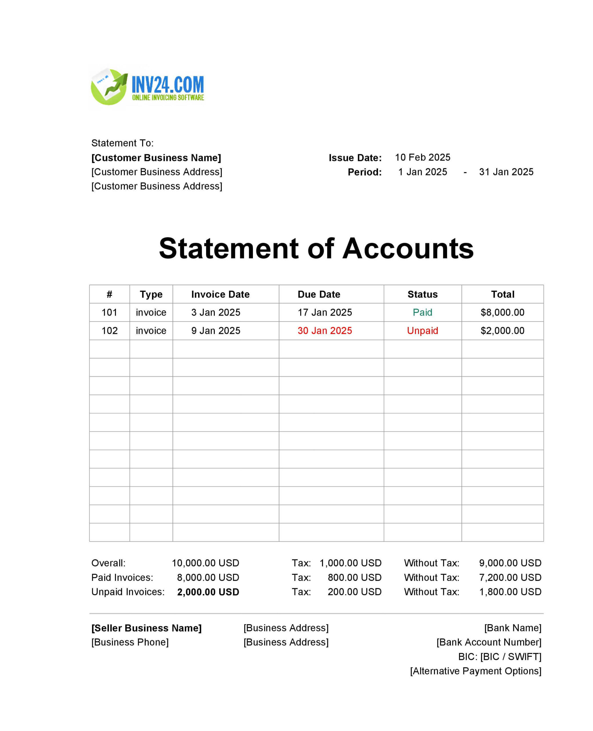 Monthly statement of accounts template