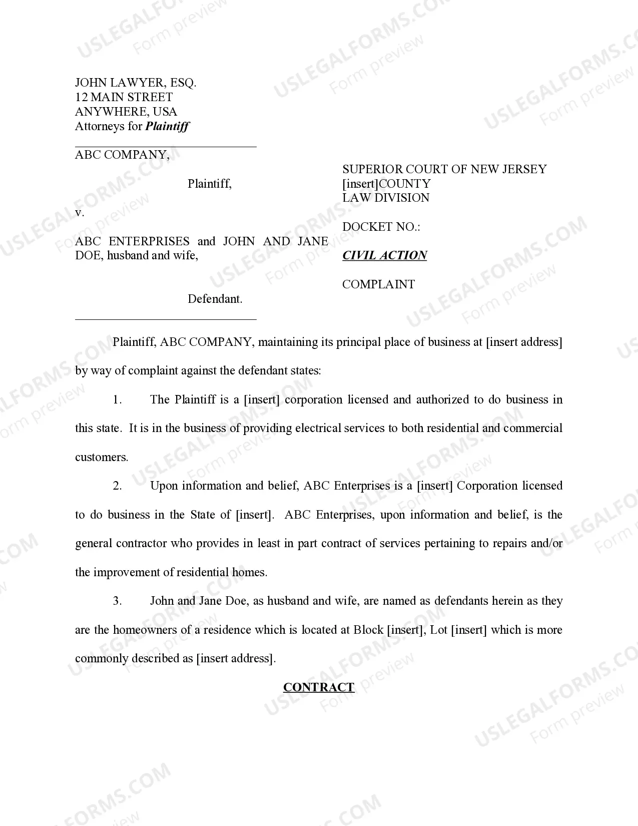 New Jersey Civil Complaint Sample Form