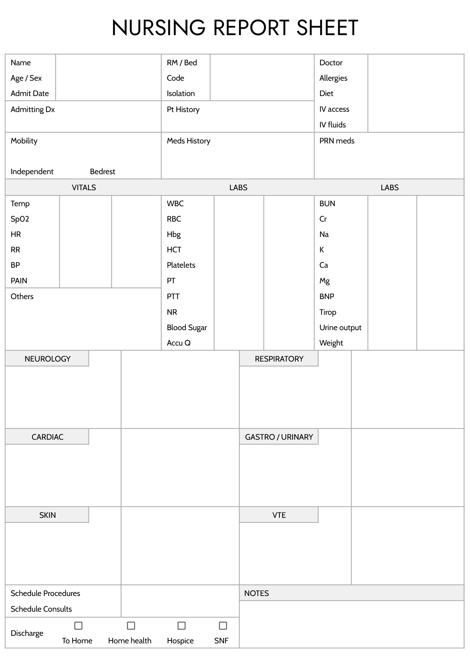 Nursing Report Sheet