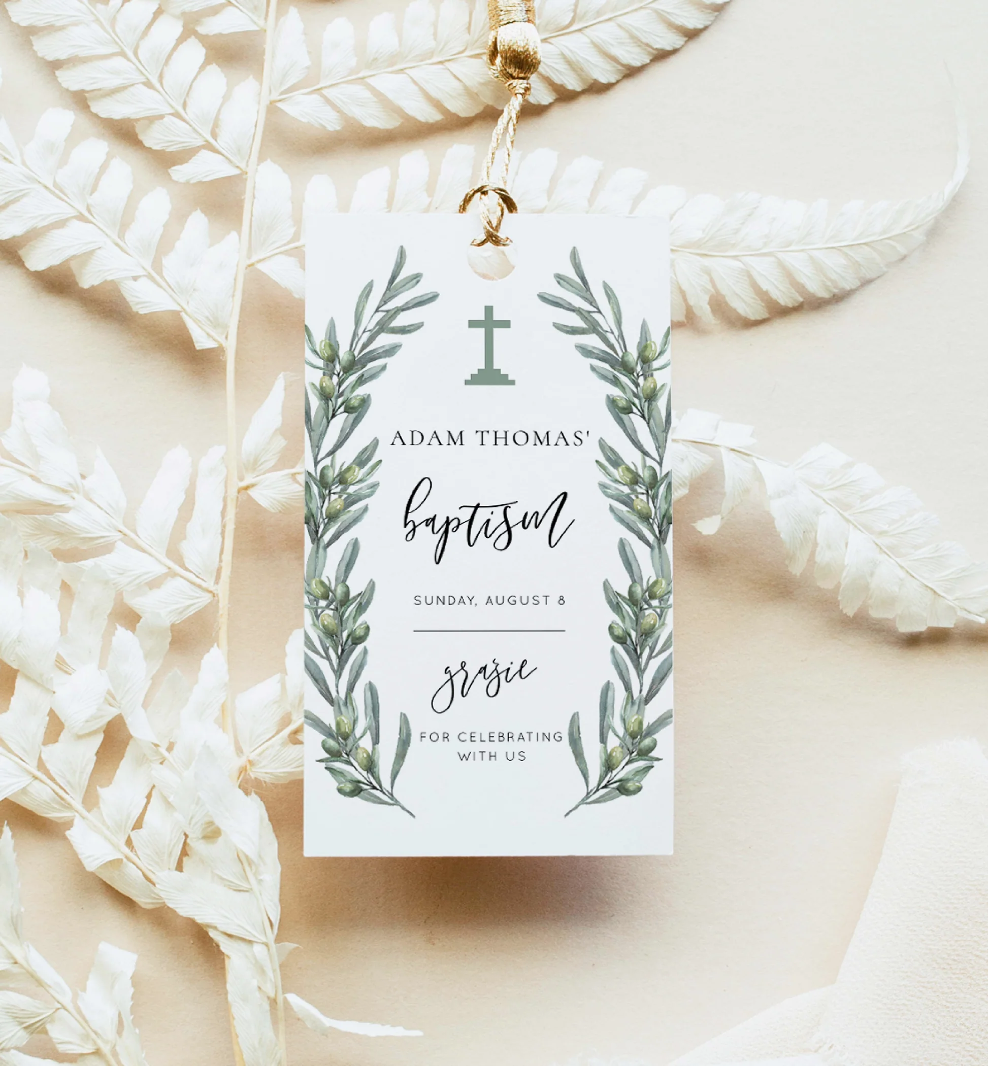 Olive Grove Green Printable Baptism Favour Tags Template
