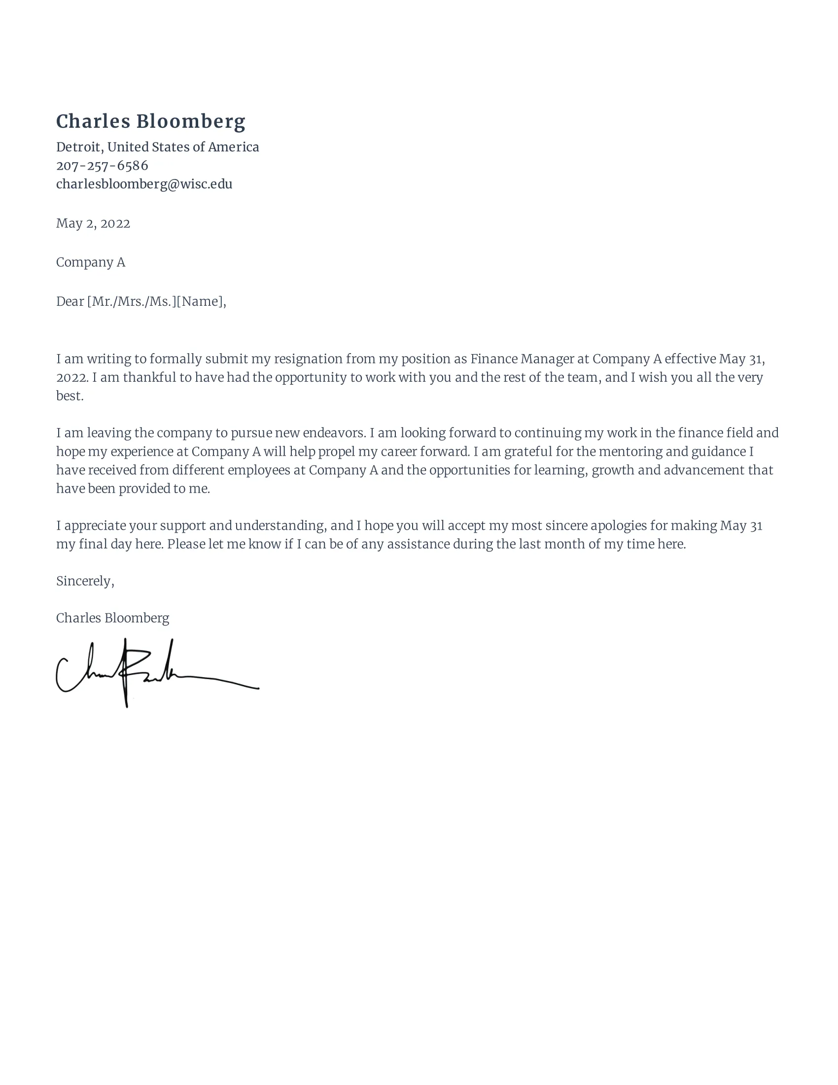 One Month Notice Resignation Letter