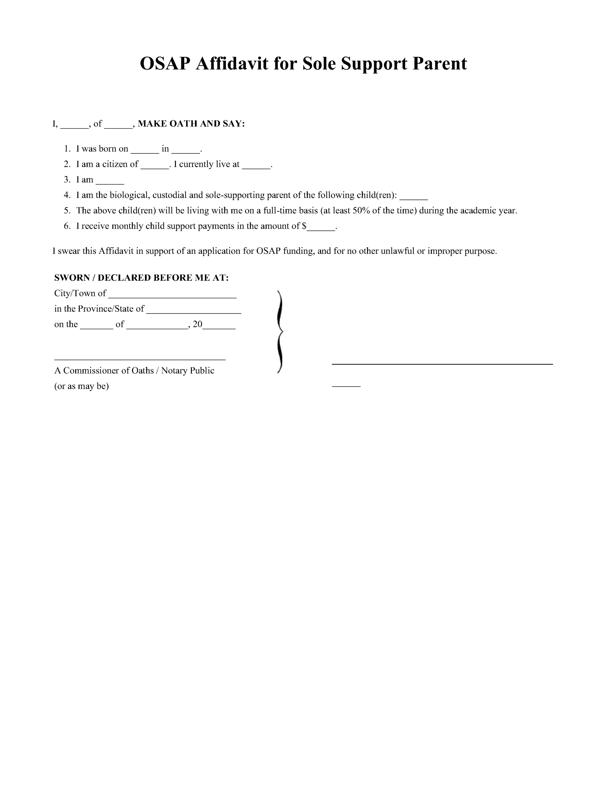 Osap Affidavit Of Sole Support Parent Separated Or Divorced Never Married Widowed Osap Affidavit Of Sole Support Parent Separated Or Divorced Never Married Widowed