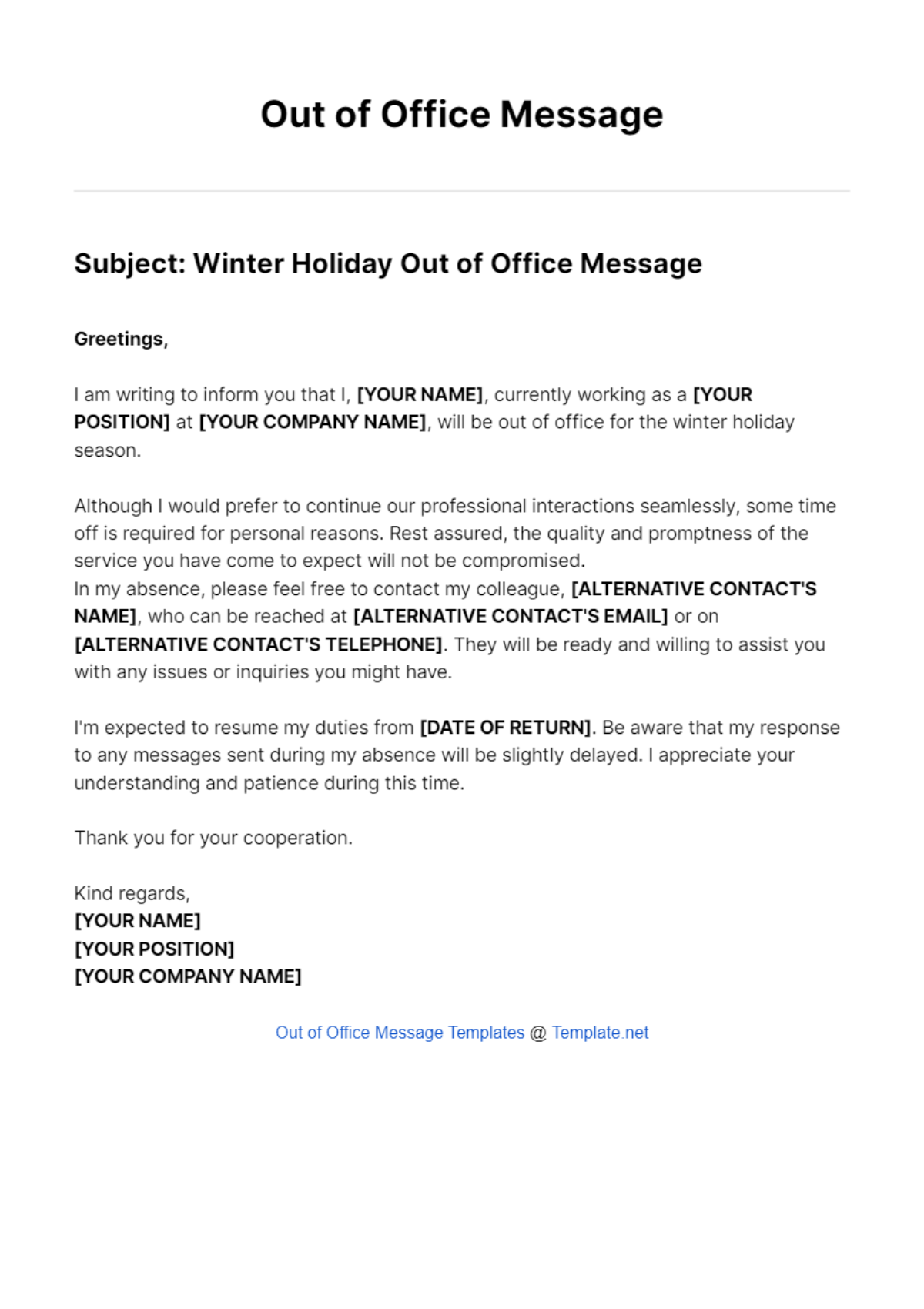 Out Of Office Message Winter Holiday