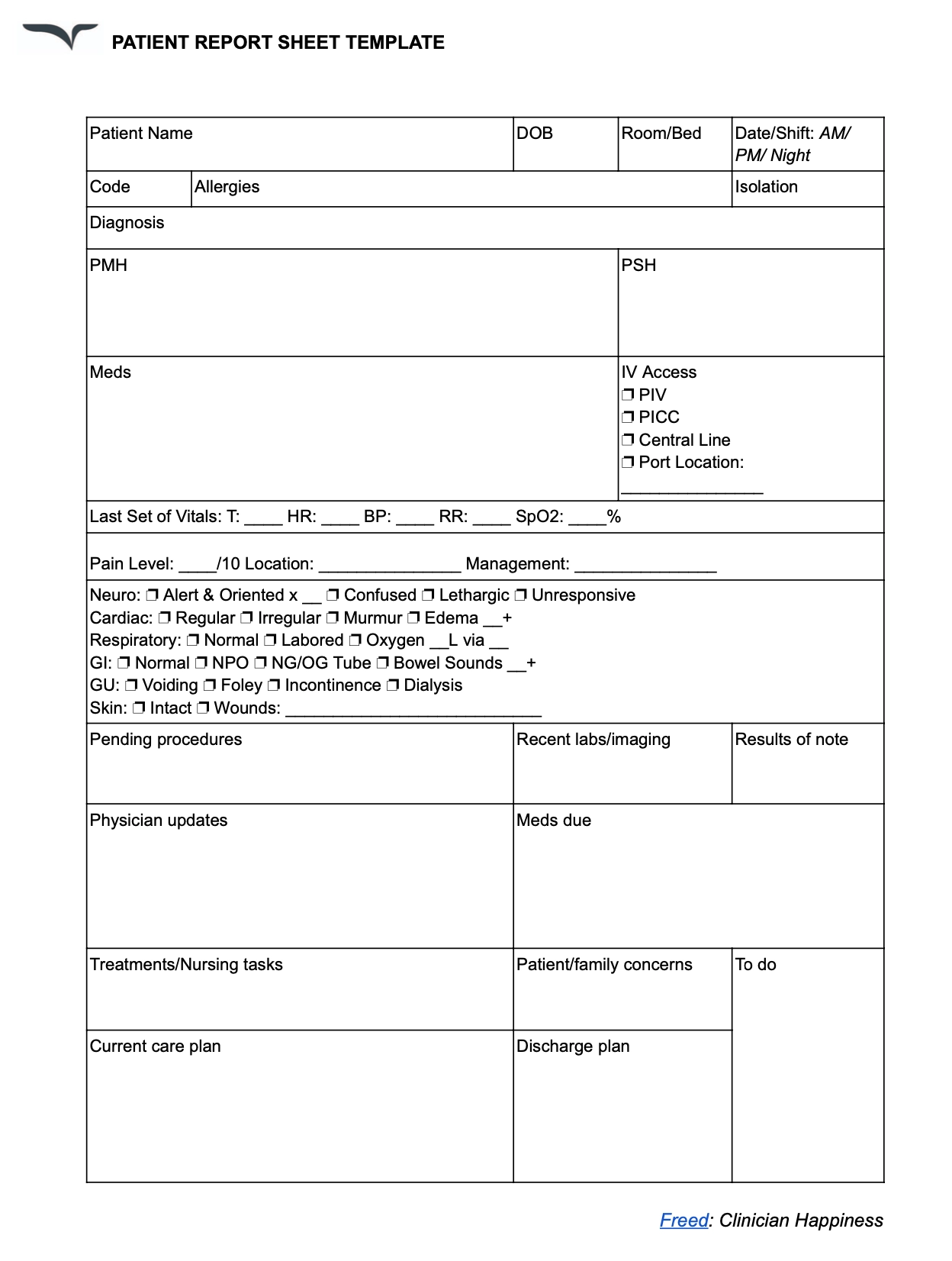 Patient Report Sheet