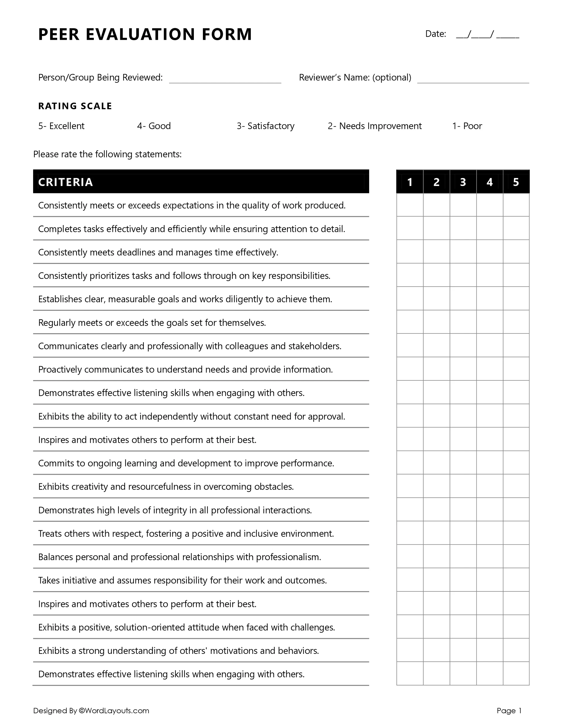 Peer Evaluation Form Template