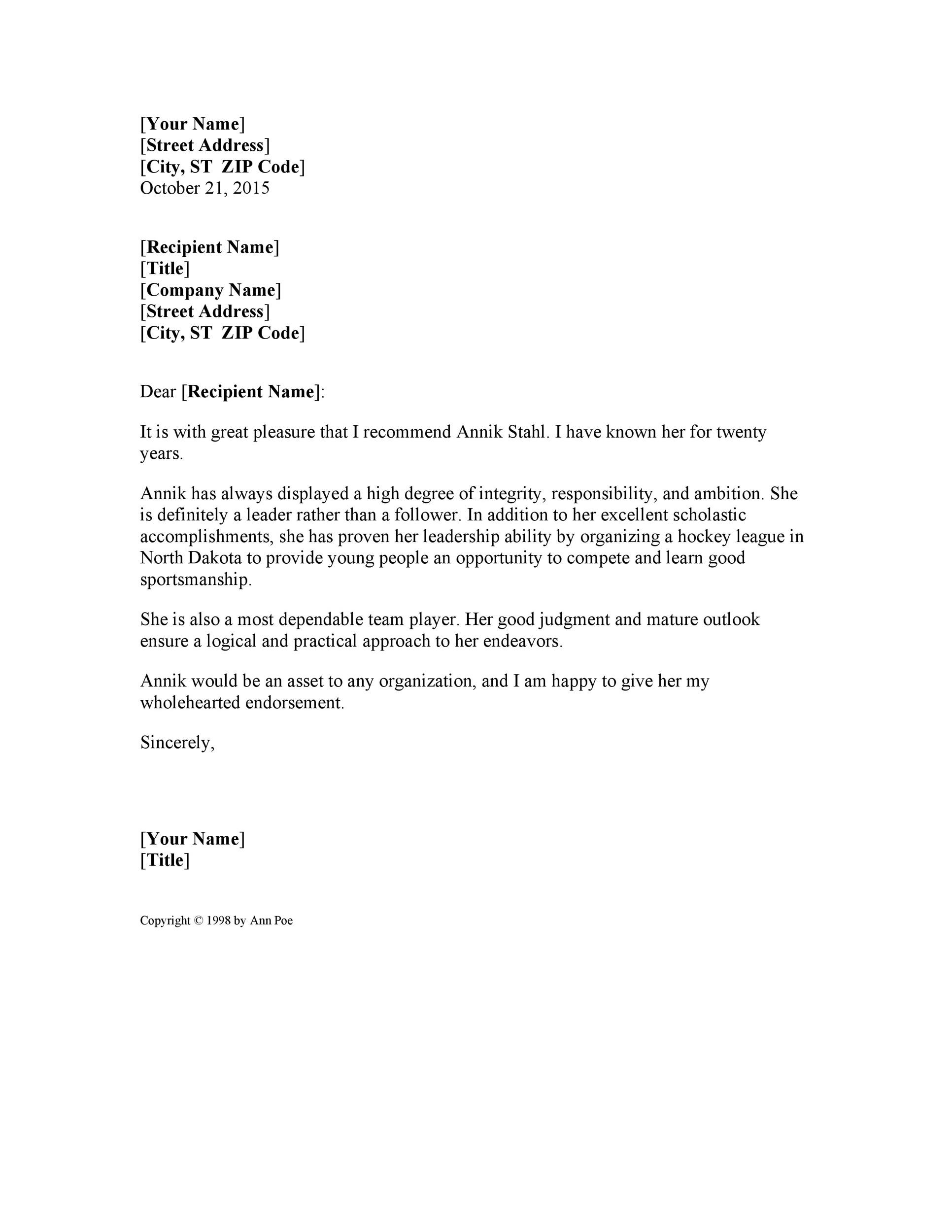 Personal Reference Letter