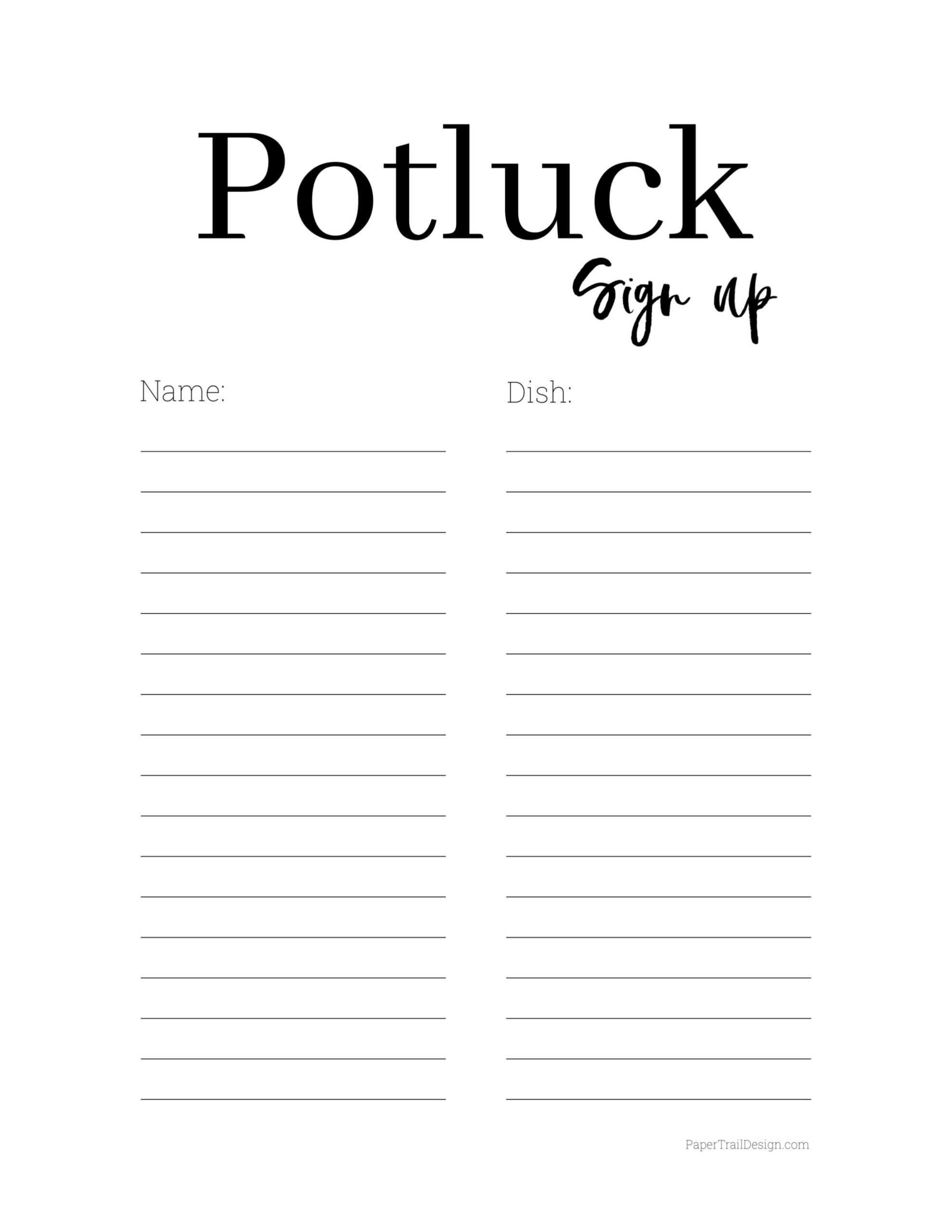 Potluck Sign Up Sheet Potluck Sign Up Sheet