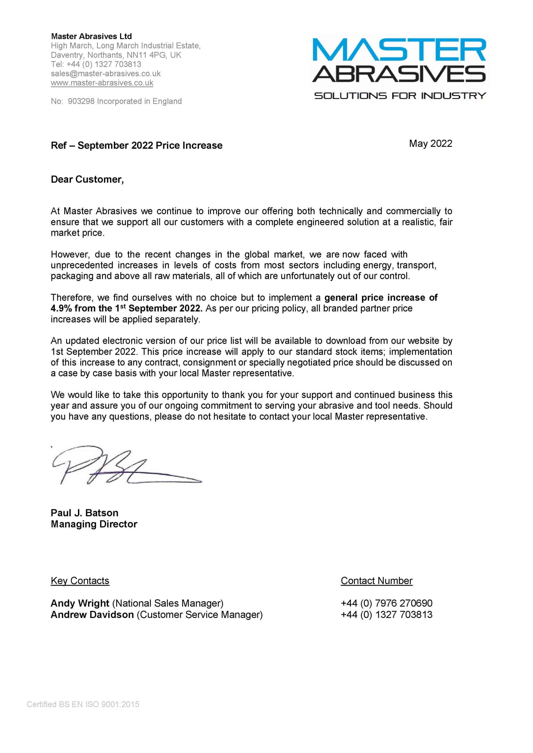 Price Increase Letter Price Increase Letter