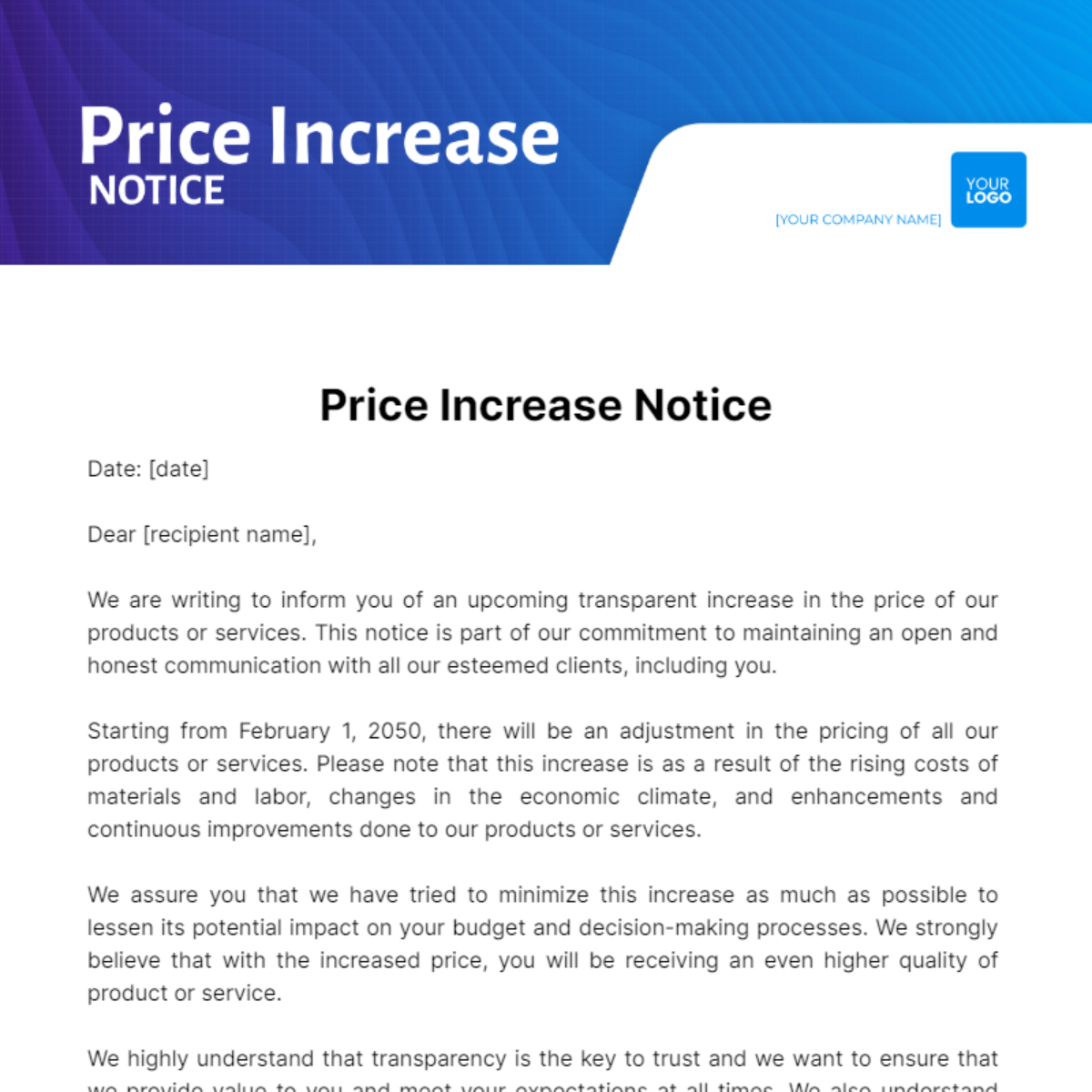 Price Increase Notice Price Increase Notice