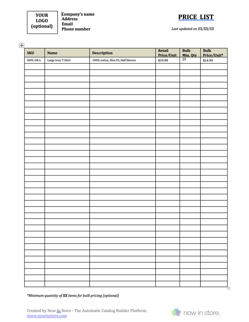 sample price list template sample price list template
