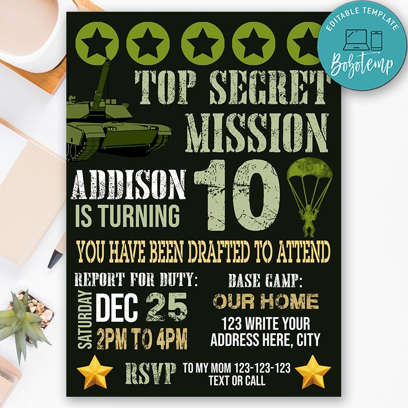 Printable Army Birthday Invitation Templates Instant Download