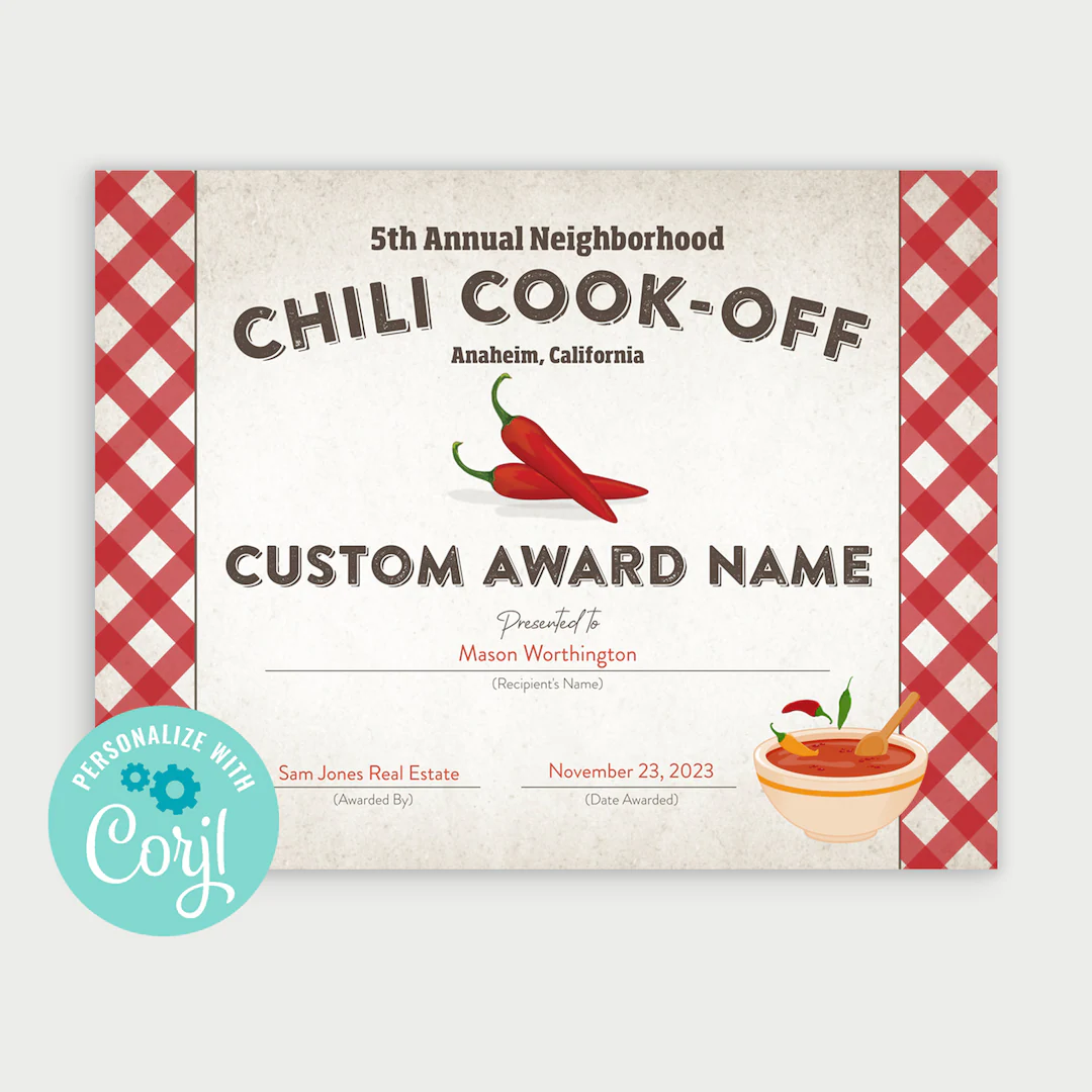 Printable Chili Cook Off Award Winner