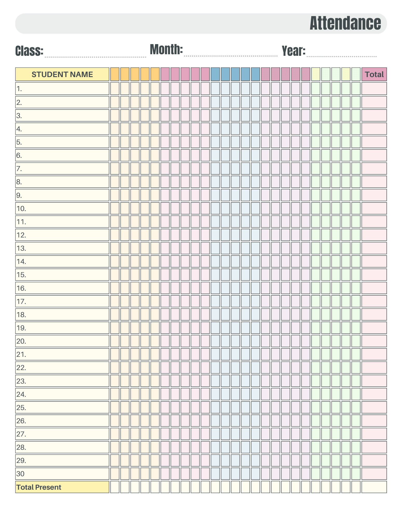 Printable Monthly Attendance