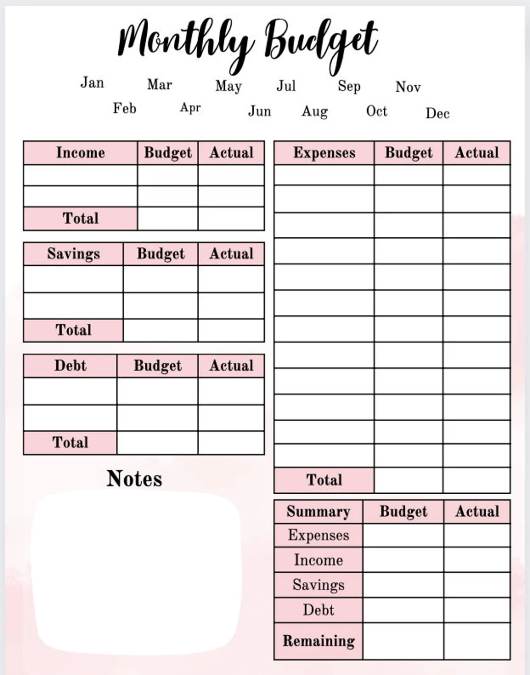 Printable Monthly Budget Template