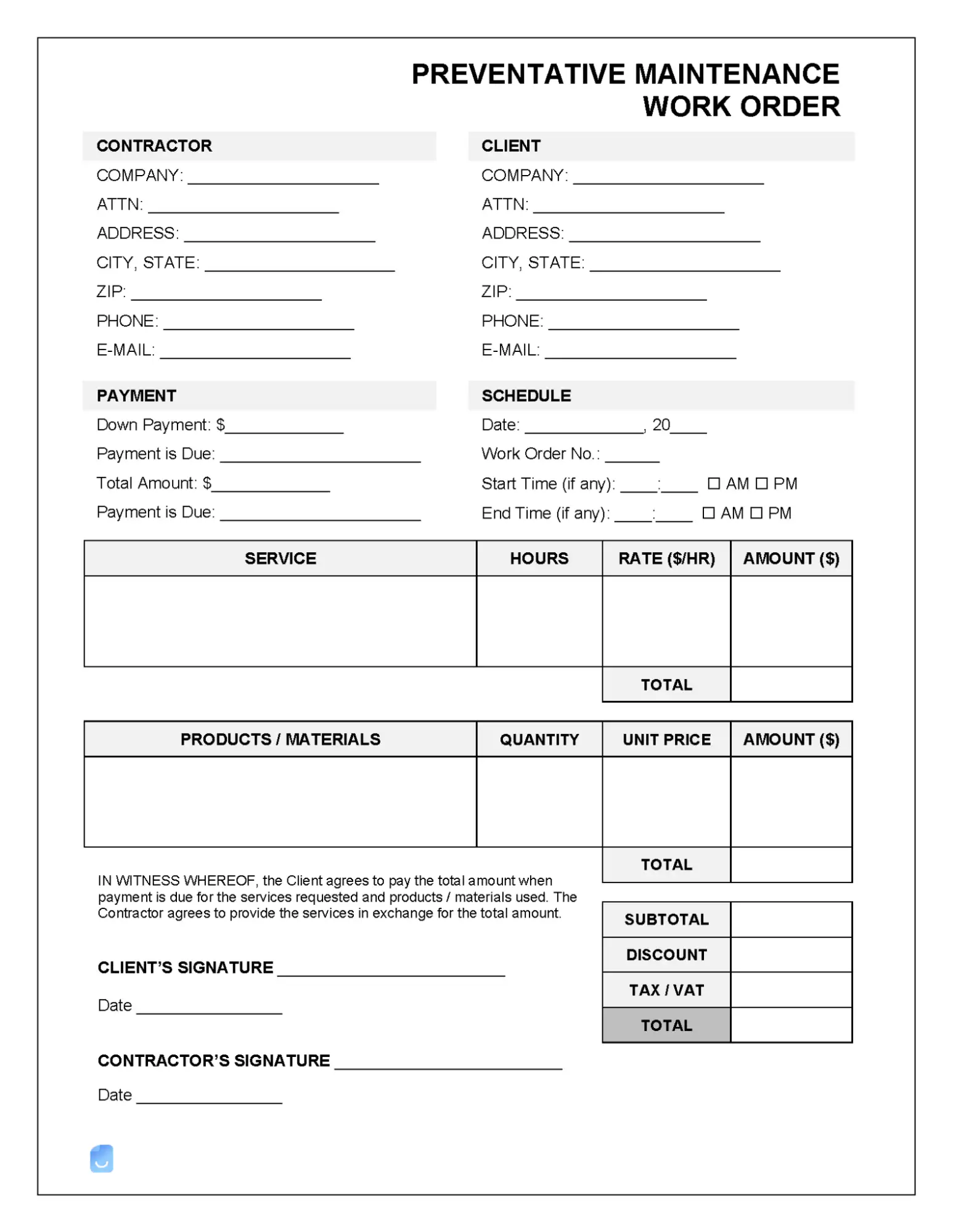 Printable Work Order Template