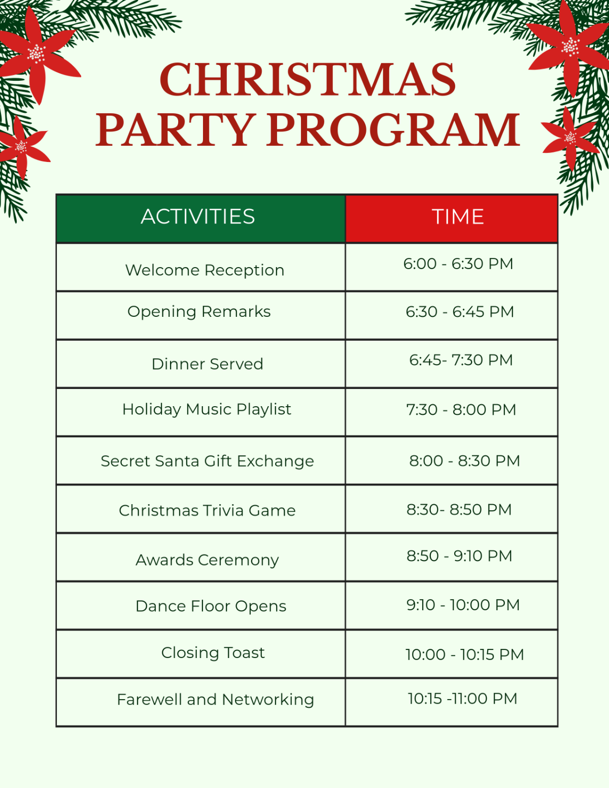 christmas party itinerary template free