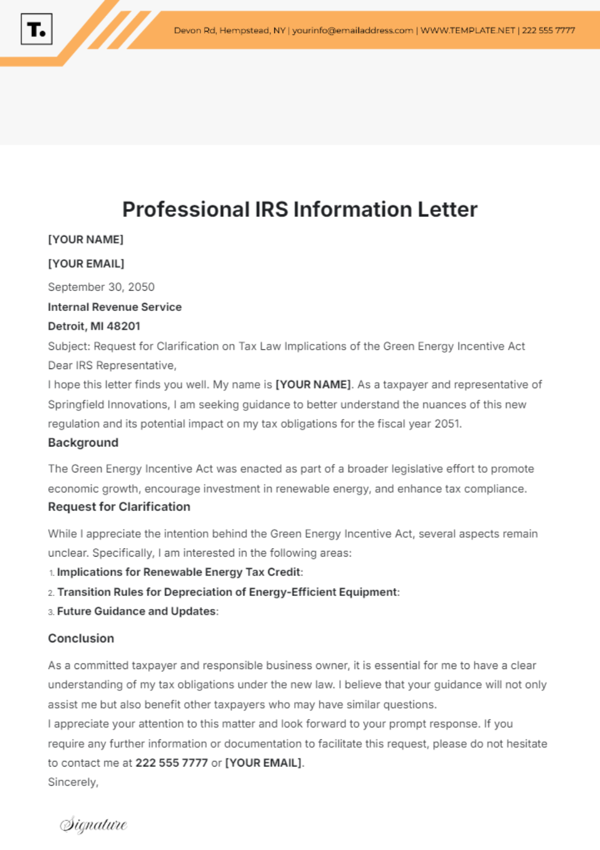 Professional Irs Information Letter